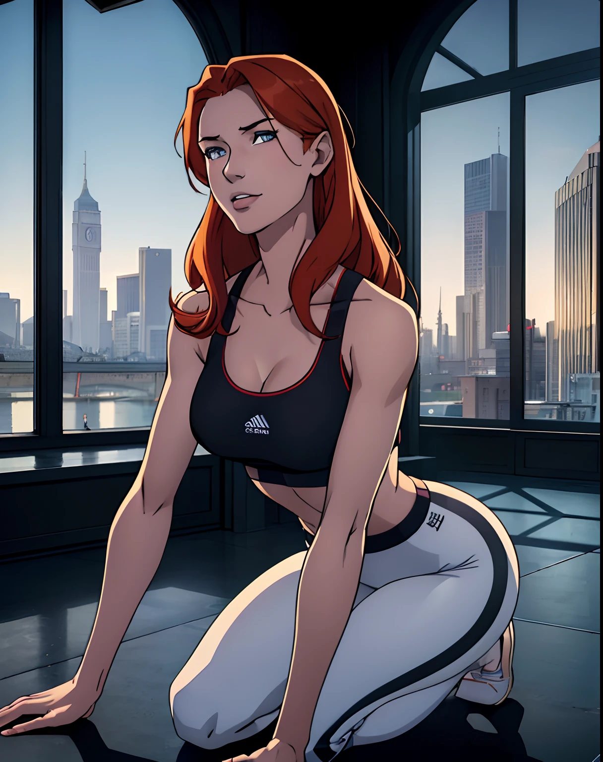 (masterpiece, top quality, best quality, official art, beautiful and aesthetic:1.2), (1girl:1.3), (gorgeous face), age19, irish redhead, wavy ginger hair, shoulder length ginger hair, light grey eyes, some small freckles, pale skin, A-cup, small breasts, runners body, (full body:0.6), detailed background, close up, (airy modern theme:1.1), arched back, kneeling, smile, standing on roof top, sports bra, leggings, wet, workout gear, city skyline, well-lit, slim waist, slim hips, long legs, modern, background, dark mysterious lighting, shadows, magical atmosphere, high angle,