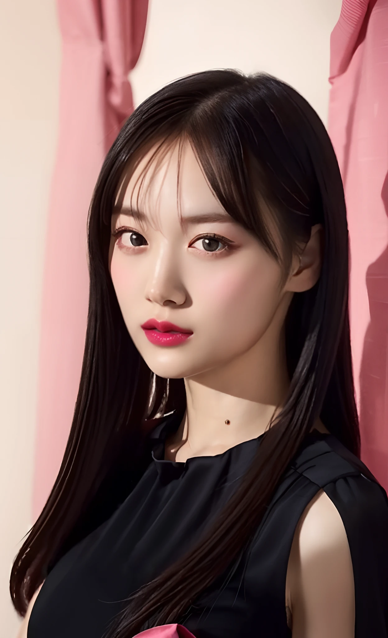 (Full head:1.9),In-depth depiction of the face,1 Lady,a matural female,Black Dress Long Dress,Pink White Long Hair,Curtain of the Night,Prom Background, face perfect, perfect hand, Perfect Finger, Perfect lips, perfect eyes, Perfect background