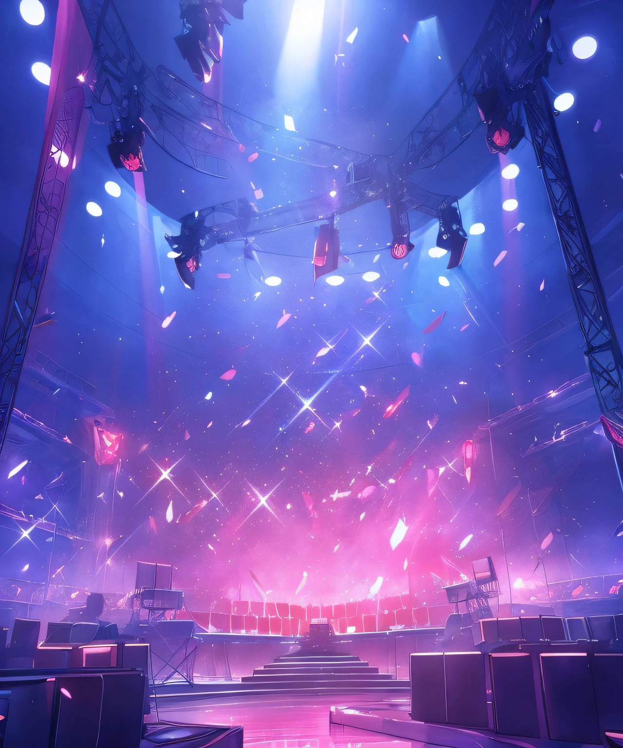 There is a stage with lights and a stage with a stage, Anime background art, Gorgeous atmosphere, colorful anime movie background, shining and happy atmosphere, elaborate stage effects, Anime landscape concept art, stunning atmosphere, Stage background, Beautiful atmosphere, Magical atmosphere + Masterpiece, epic stunning atmosphere, colorful concept art, ( ( stage light ) ), Magical atmosphere, anime backgrounds