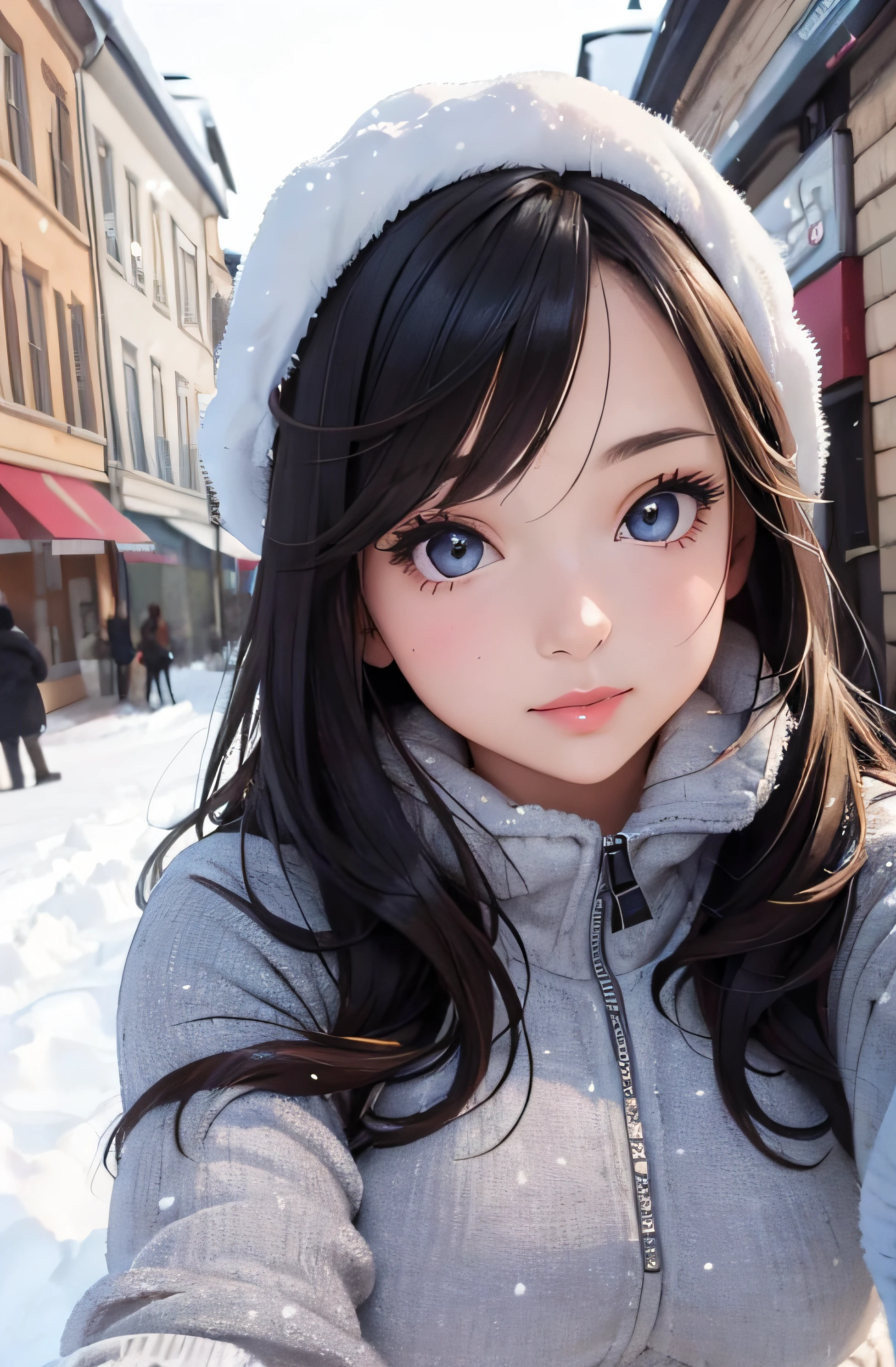 girl in winter clothes, top shot,((selfie)), random background, kiss, beautiful, medium breasts, flirtatious look, ((very detailed)), (perfectly detailed face), (well detailed hand), photorealistic image.