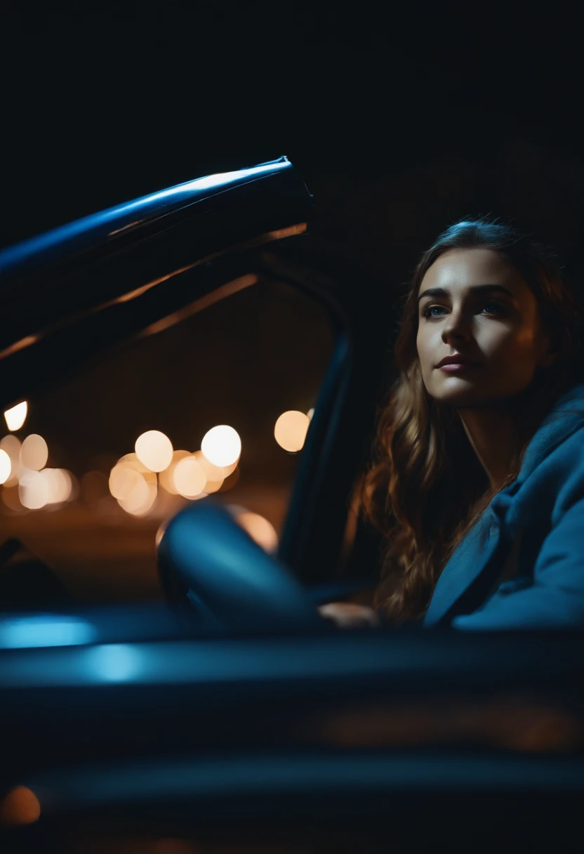 Girl sitting outside of a car at night, blue lights
