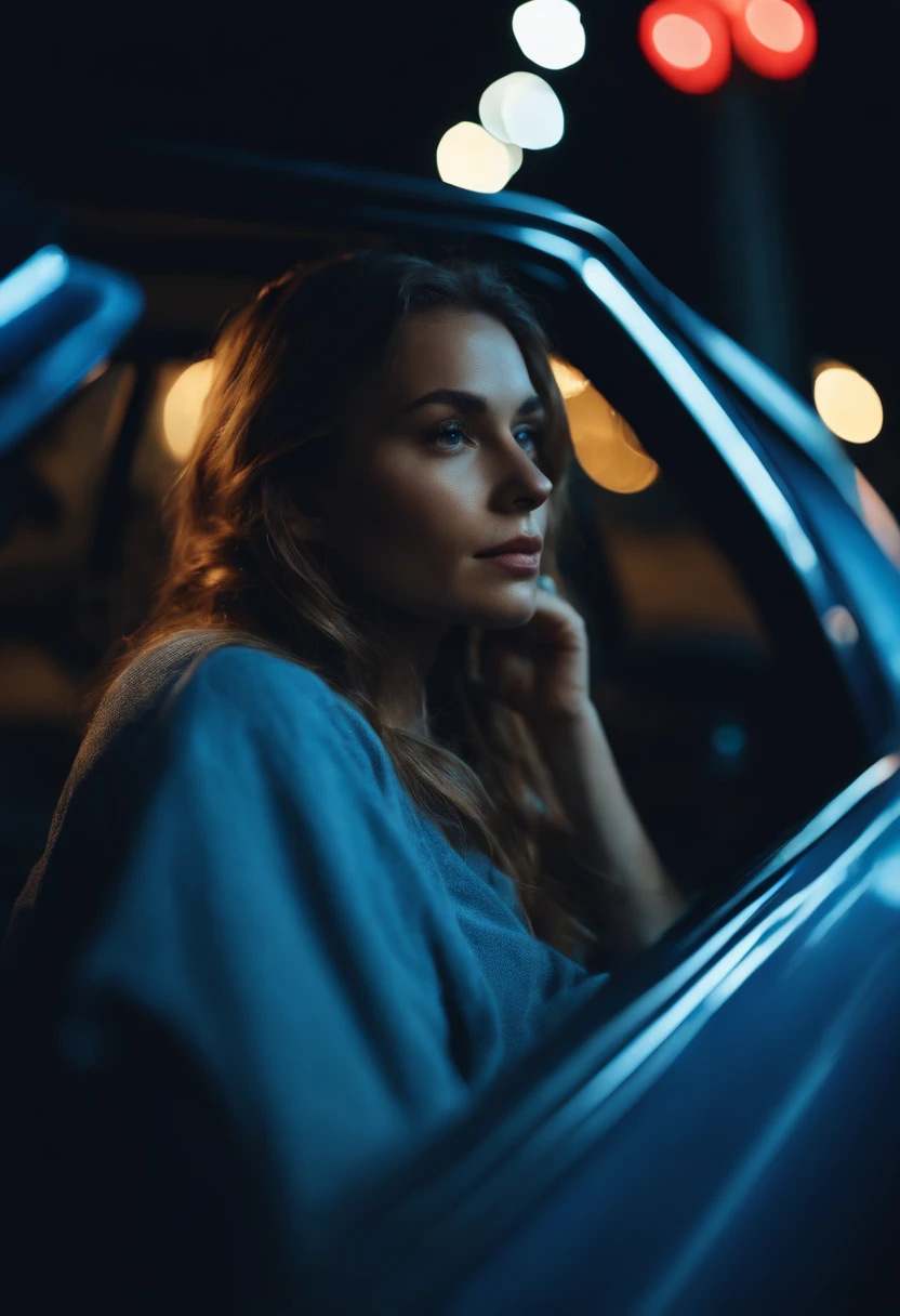 Girl sitting outside of a car at night, blue lights