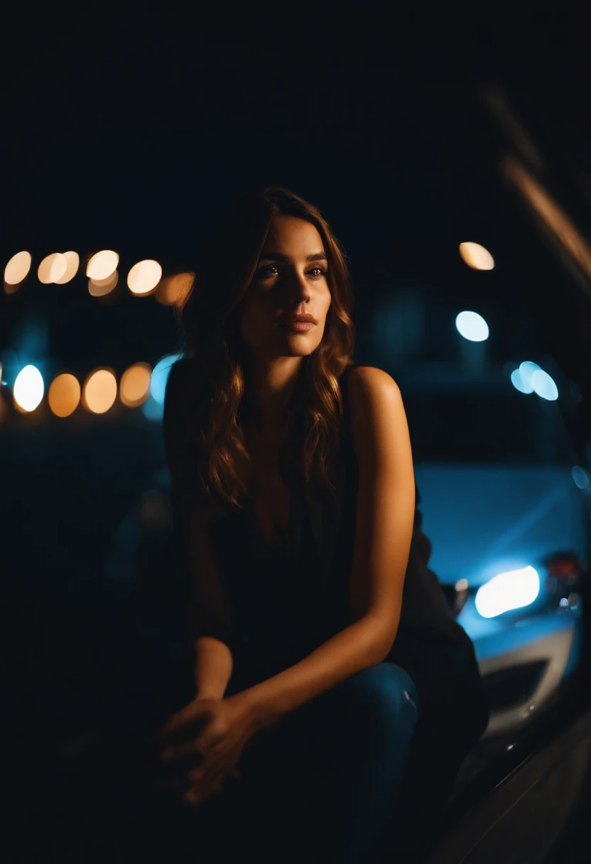 Girl sitting outside of a car at night, blue lights