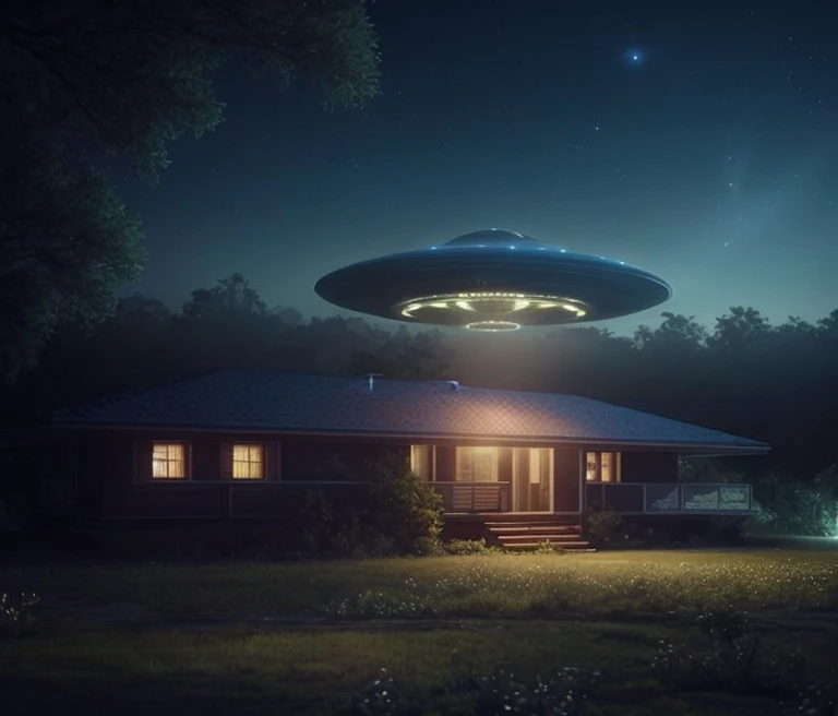 Spaceship flying over a house at night with a light on, janelas futuristas, Rapto de OVNIs, alien abduction, flying saucer in the sky, alien spaceship, disco voador, alien mothership in the sky, Pouso de OVNIs, discos voadores, ufo lighting, alien spaceship in the sky, Nenhum estilo de arte de Filip Hodas, UFO em uma floresta, ufo in the sky, ufo attack