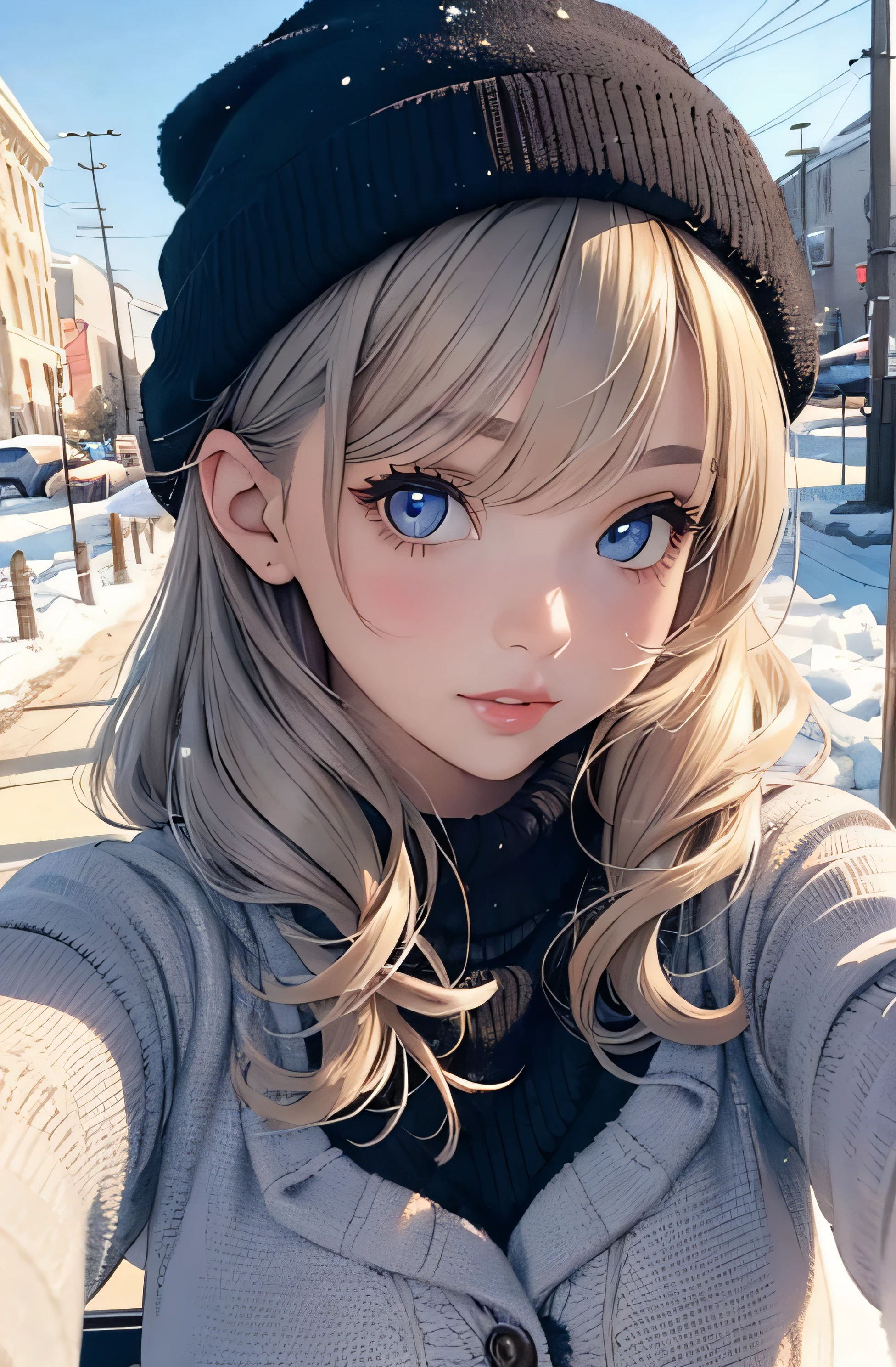 girl in winter clothes, top shot,((selfie)), random background, kiss, beautiful, medium breasts, flirtatious look, ((very detailed)), (perfectly detailed face), (well detailed hand), photorealistic image.