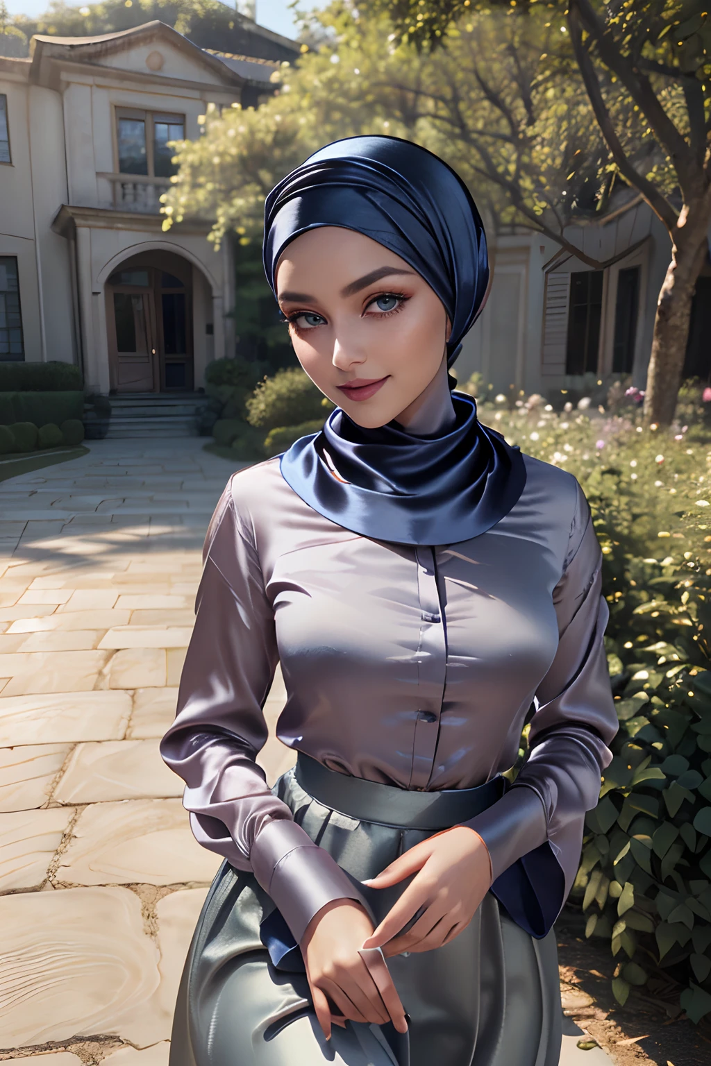 (Masterpiece, realistic, best quality, best lighting, 1 girl photo solo, beautifully makeup, eyeshadow, Parted Lips, Detailed Eyes, beautiful big eyes, long eye lashes, smile, wearing ((Dark blue satin headscarf)), loosely tide hijab style, ((Taupe satin shirt)), satin long skirt, walking in the garden, lake