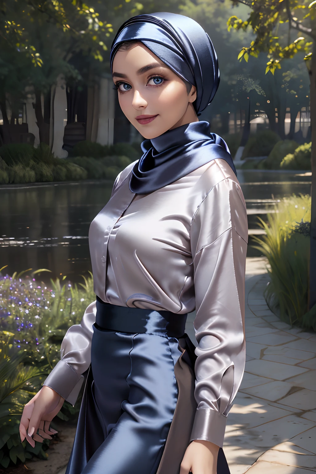(Masterpiece, realistic, best quality, best lighting, 1 girl photo solo, beautifully makeup, eyeshadow, Parted Lips, Detailed Eyes, beautiful big eyes, long eye lashes, smile, wearing ((Dark blue satin headscarf)), loosely tide hijab style, ((Taupe satin shirt)), satin long skirt, walking in the garden, lake