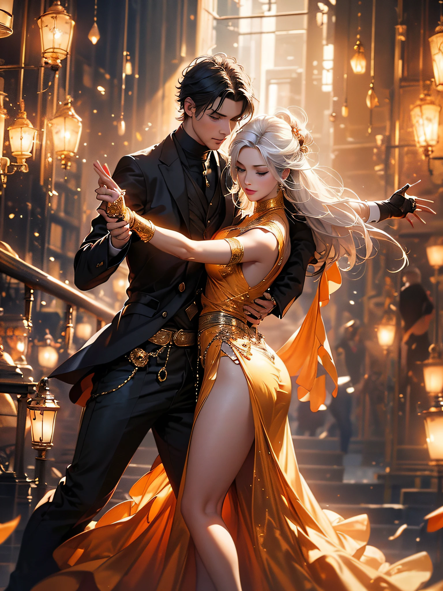 (((a woman and a man dancing tango))), warm bodies, eyes closed, enjoying the music, harmony, she has white hair, long sideburns, refined face, yellow lights at different heights, big ass, thick legs, { extremely detailed 16k CG unit wallpaper}, expansive landscape photography, (a low view focusing on the character), (wide open field view), (low angle shot), (high light: 1.8), (low light: 1.4), (warm light source: 1.8), complex details, (iridescent colors: 1.6), (bright lighting), (atmospheric lighting), dreamy, unique
