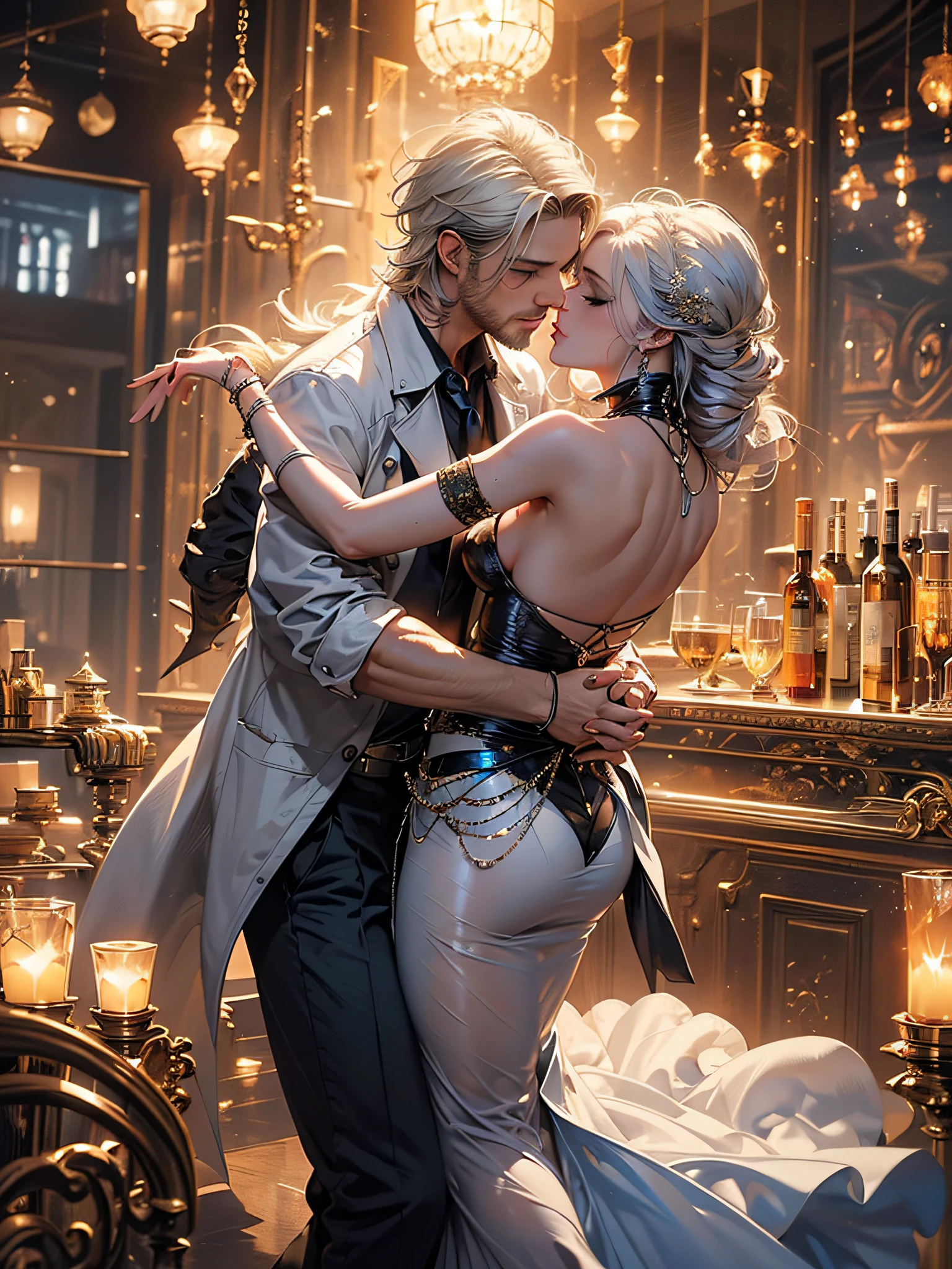 (((a woman and a man dancing tango))), warm bodies, eyes closed, enjoying the music, harmony, she has white hair, long sideburns, refined face, yellow lights at different heights, big ass, thick legs, { extremely detailed 16k CG unit wallpaper}, expansive landscape photography, (a low view focusing on the character), (wide open field view), (low angle shot), (high light: 1.8), (low light: 1.4), (warm light source: 1.8), complex details, (iridescent colors: 1.6), (bright lighting), (atmospheric lighting), dreamy, unique