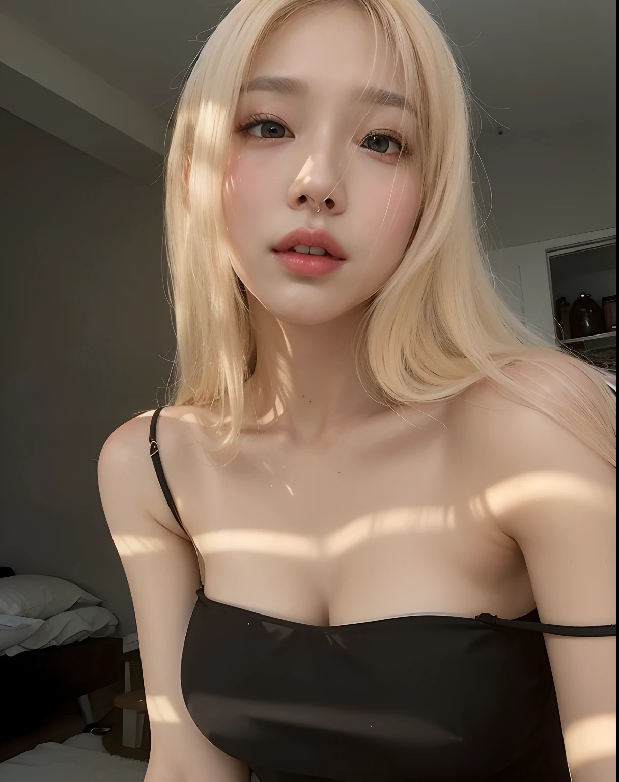 a close up of a woman with long blonde hair wearing a black dress, korean girl, jaeyeon nam, hot with shining sun, roseanne park of blackpink, beautiful south korean woman, very very pale blond hair, gorgeous young korean woman, heonhwa choe, pale glowing skin, jinyoung shin, ulzzang, extremely pale blond hair, beautiful young korean woman