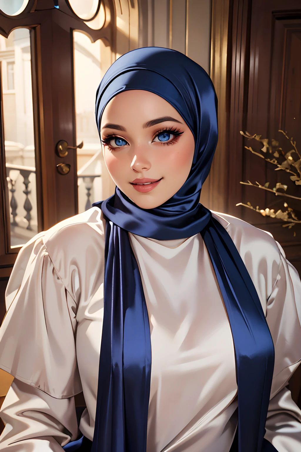 Masterpiece, realistic, best quality, best lighting, 1 girl photo solo, beautifully makeup, eyeshadow, Parted Lips, Detailed Eyes, beautiful big eyes, long eye lashes, smile, wearing ((Dark blue satin headscarf)), loosely tide hijab style, ((Taupe satin shirt)), satin long skirt,