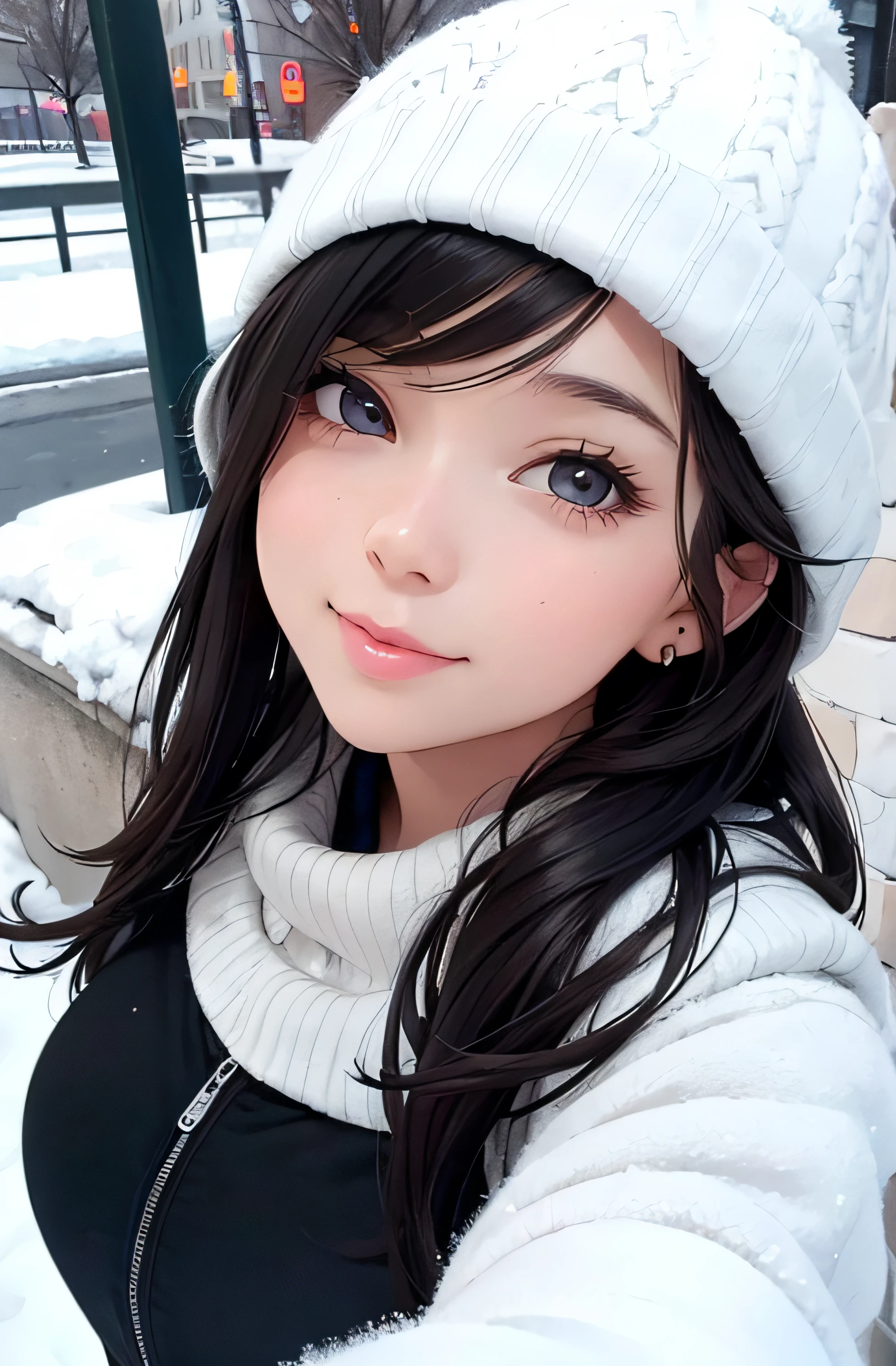 girl in winter clothes, top shot,((selfie)), random background, kiss, beautiful, medium breasts, flirtatious look, ((very detailed)), (perfectly detailed face), (well detailed hand), photorealistic image.