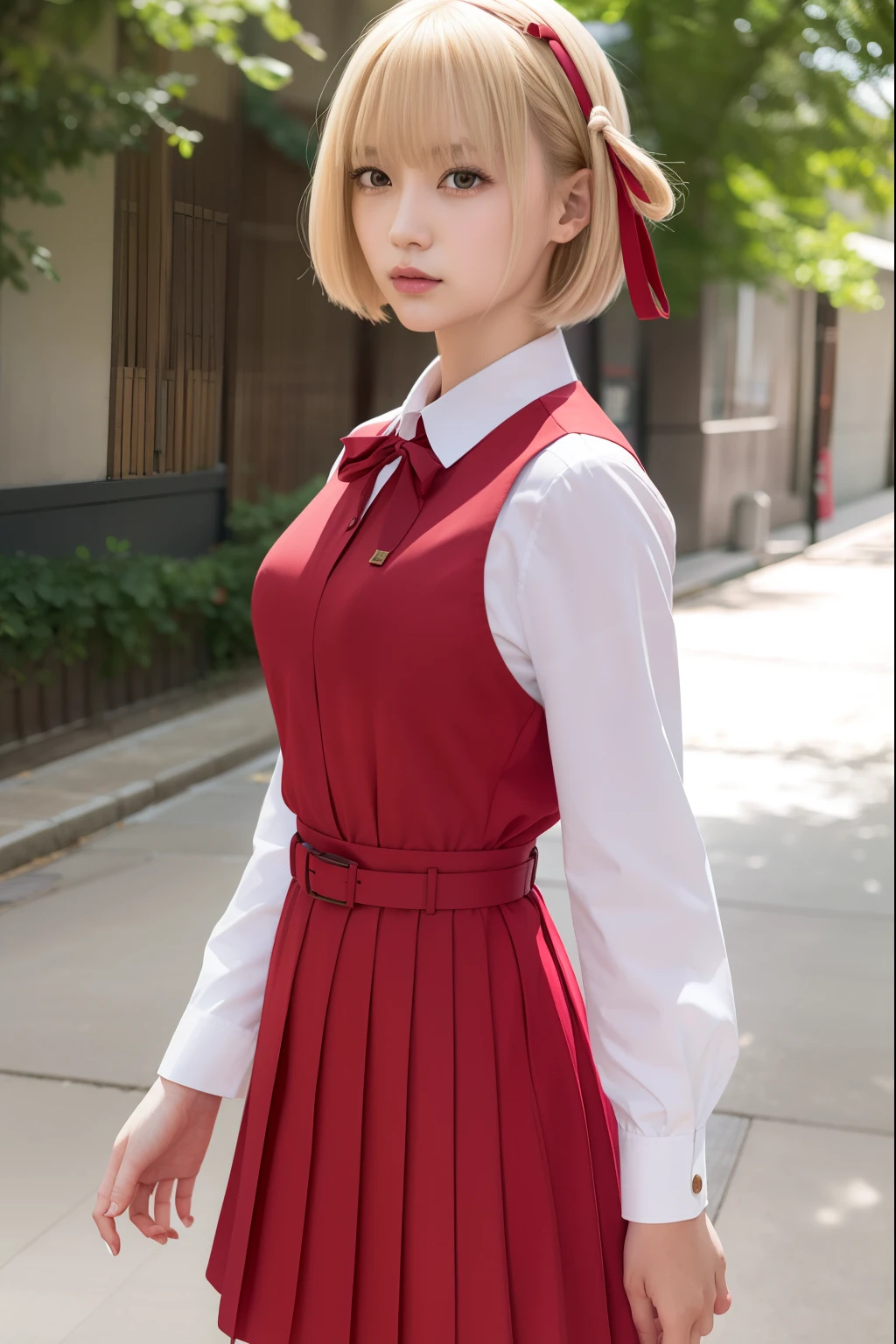 chisatonishikigi, nishikigi chisato, short hair, bangs, blonde hair, (red eyes:1.5), hair ribbon, one side up, bob cut,
BREAK shirt, long sleeves, dress, ribbon, white shirt, collared shirt, belt, neck ribbon, red dress, blue ribbon, pleated dress, grey dress, two-tone dress, red belt, lycoris uniform,,
BREAK outdoors, city,
BREAK looking at viewer, BREAK (masterpiece:1.2), best quality, high resolution, unity 8k wallpaper, (illustration:0.8), (beautiful detailed eyes:1.6), extremely detailed face, perfect lighting, extremely detailed CG, (perfect hands, perfect anatomy),