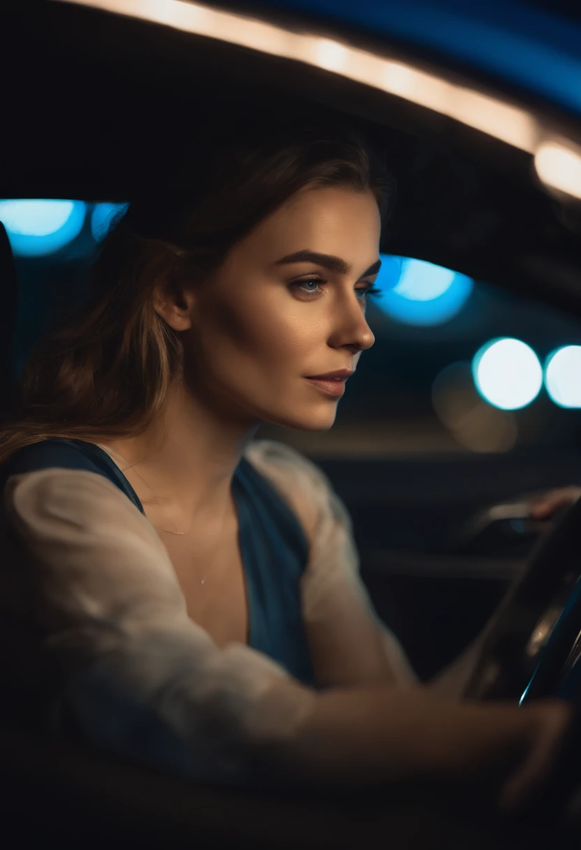 Girl driving a car at night, blue lights, ultra detailed.
