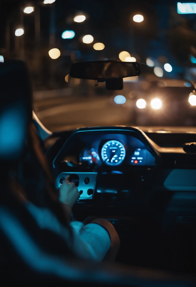 Girl driving a car at night, blue lights, ultra detailed.