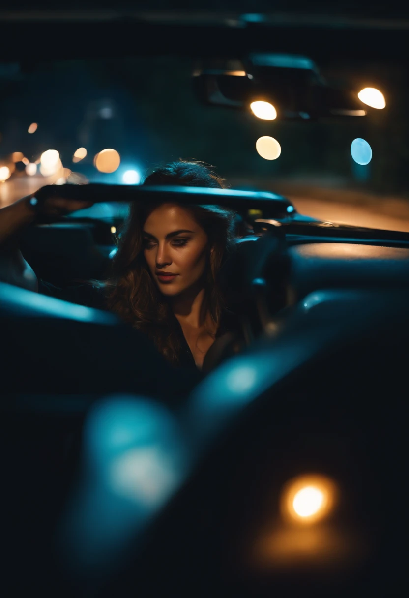 Girl driving a car at night, blue lights, ultra detailed.