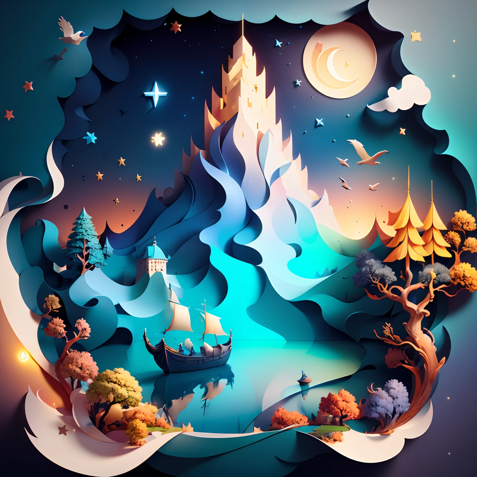 (((masterpiece))),best quality, illustration, sky, cloud, water, star \(symbol\), tree, no humans, night, bird, moon, building, star \(sky\), night sky, scenery, starry sky, watercraft, castle, ship, waves, tower, boat. vibrant color scheme, Soft light,(warm color:1.2),Water color painting, light background, best quality exquisite details,3d rendering,Octane render, pastel, paper_cut