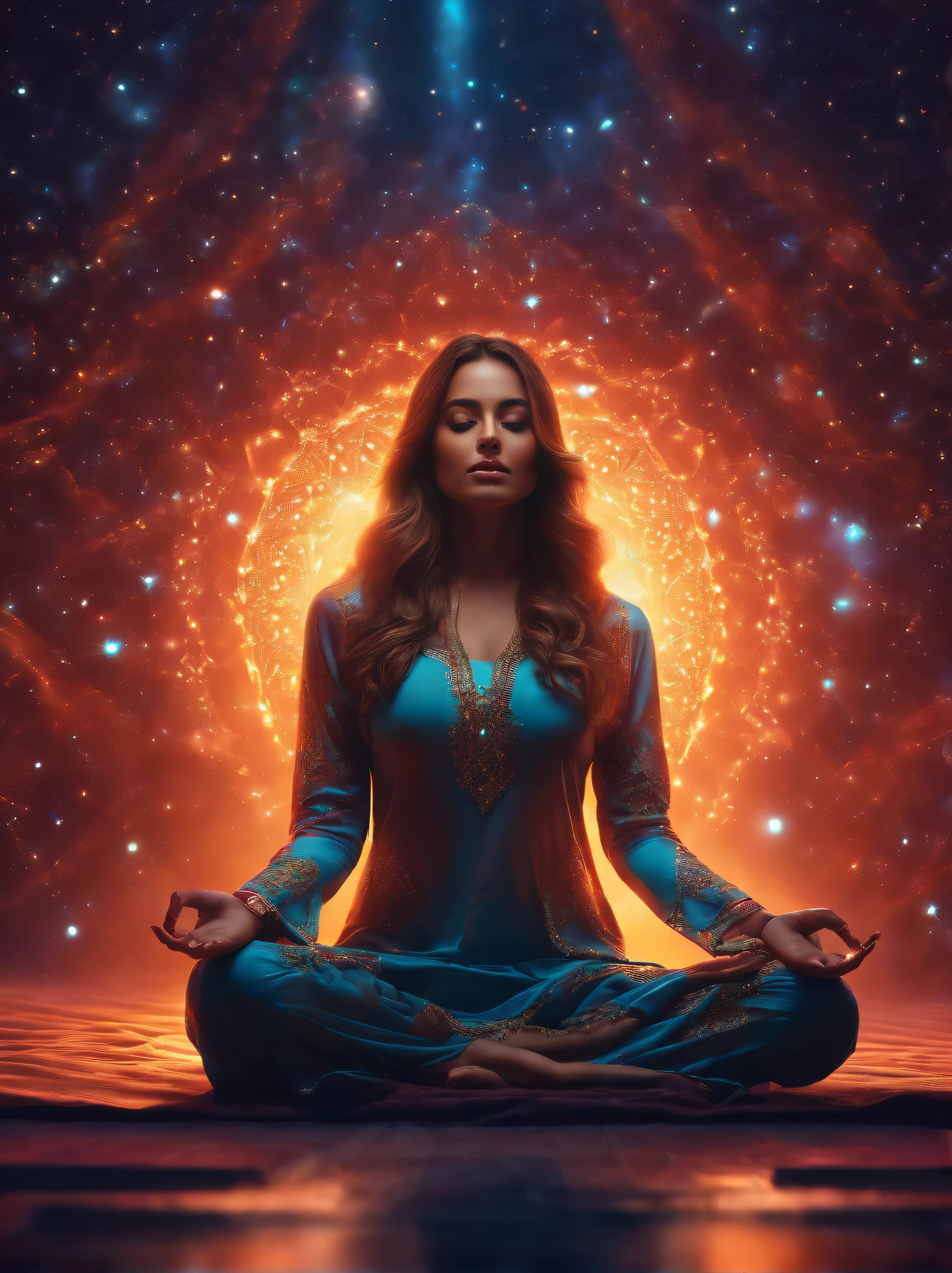 a pregirl，Meditate cross-legged, at centre，Very bright colors, Light particles, with light glowing, Mshiv, wallpaper art, UHD wallpaper