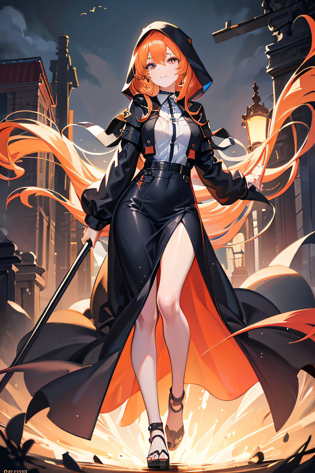 (masterpiece, best_quality, intricate_details, high_resolution, hyperdetailed, highly_detailed), A beautiful woman walks in the castle., back, purple palace, western castle, dreamy atmosphere, From_Behind, Light with harmonious purple and yellow, from_very_far_away, looking_afar, full shot, cinematic lighting, neon lights, depth of field, HDR, highly_detailed_background,red hair, absurdly_long_hair, 1female, giant, glamor, black wizard dress, wizard hat, ligne_claire, traditional_media, watercolor pencil \(medium\)
