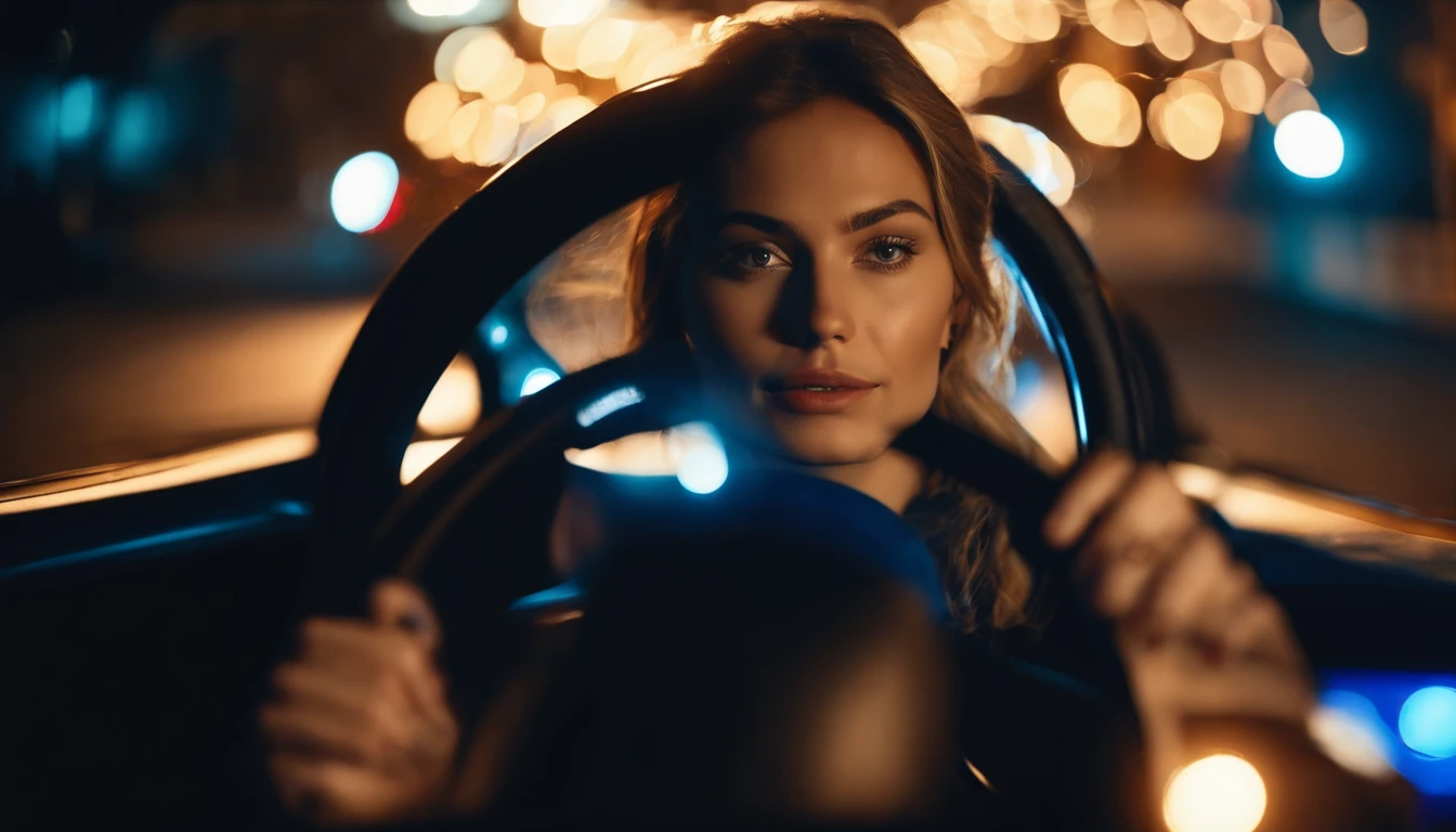 Girl driving a car at night, blue lights, ultra detailed.
