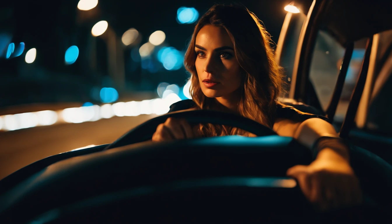 Girl driving a car at night, blue lights, ultra detailed.