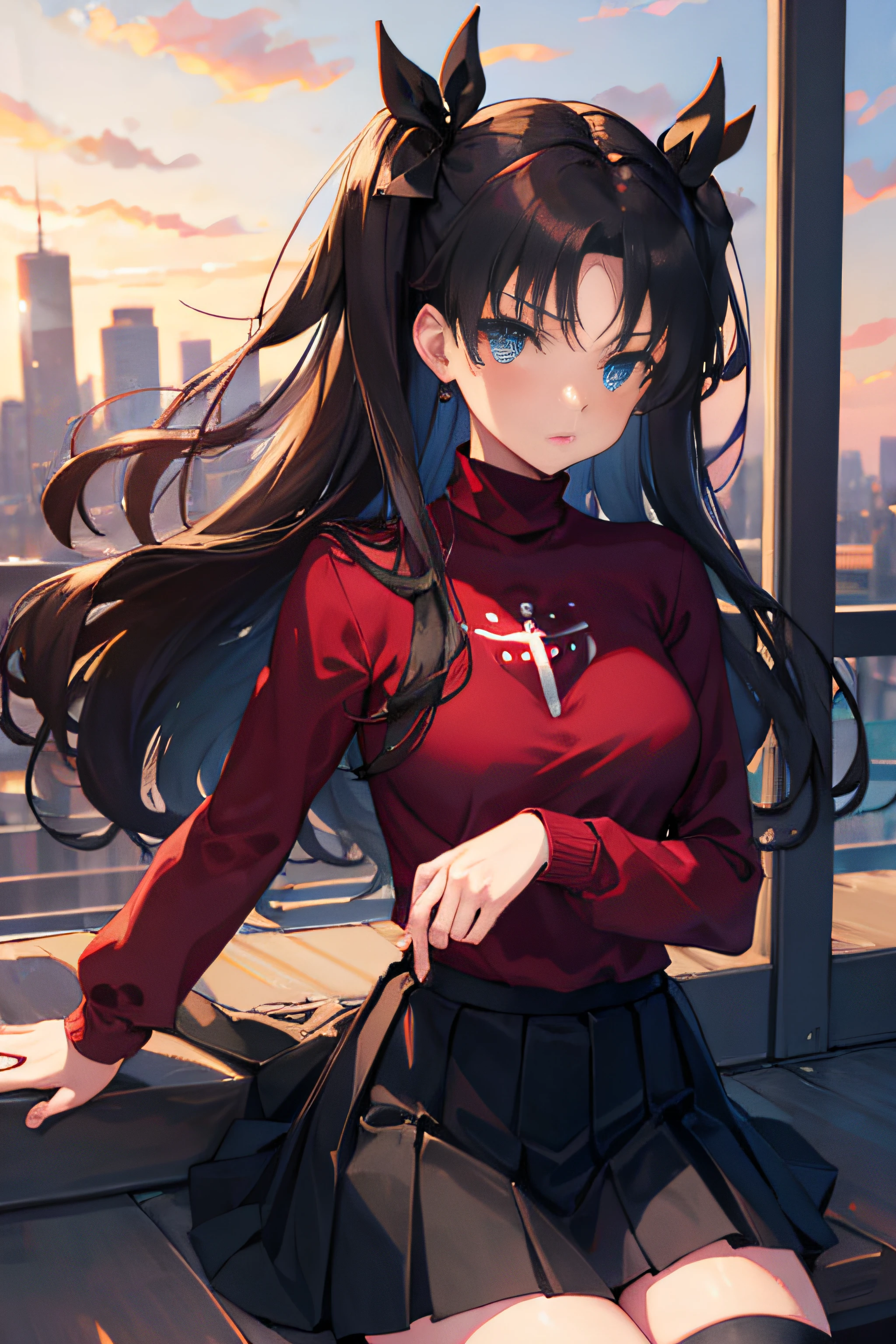 (masterpiece), best quality, expressive eyes, perfect face, 1girl, solo, rintohsaka, rin tohsaka, aqua eyes, black hair, hair ribbon, long hair, ribbon, sidelocks, two side up, black skirt, black thighhighs, long sleeves, miniskirt, pleated skirt, ((red sweater)), skirt, sweater, thighhighs, turtleneck, city background, sitting, character sheet, upper body, portrait, looking at viewer