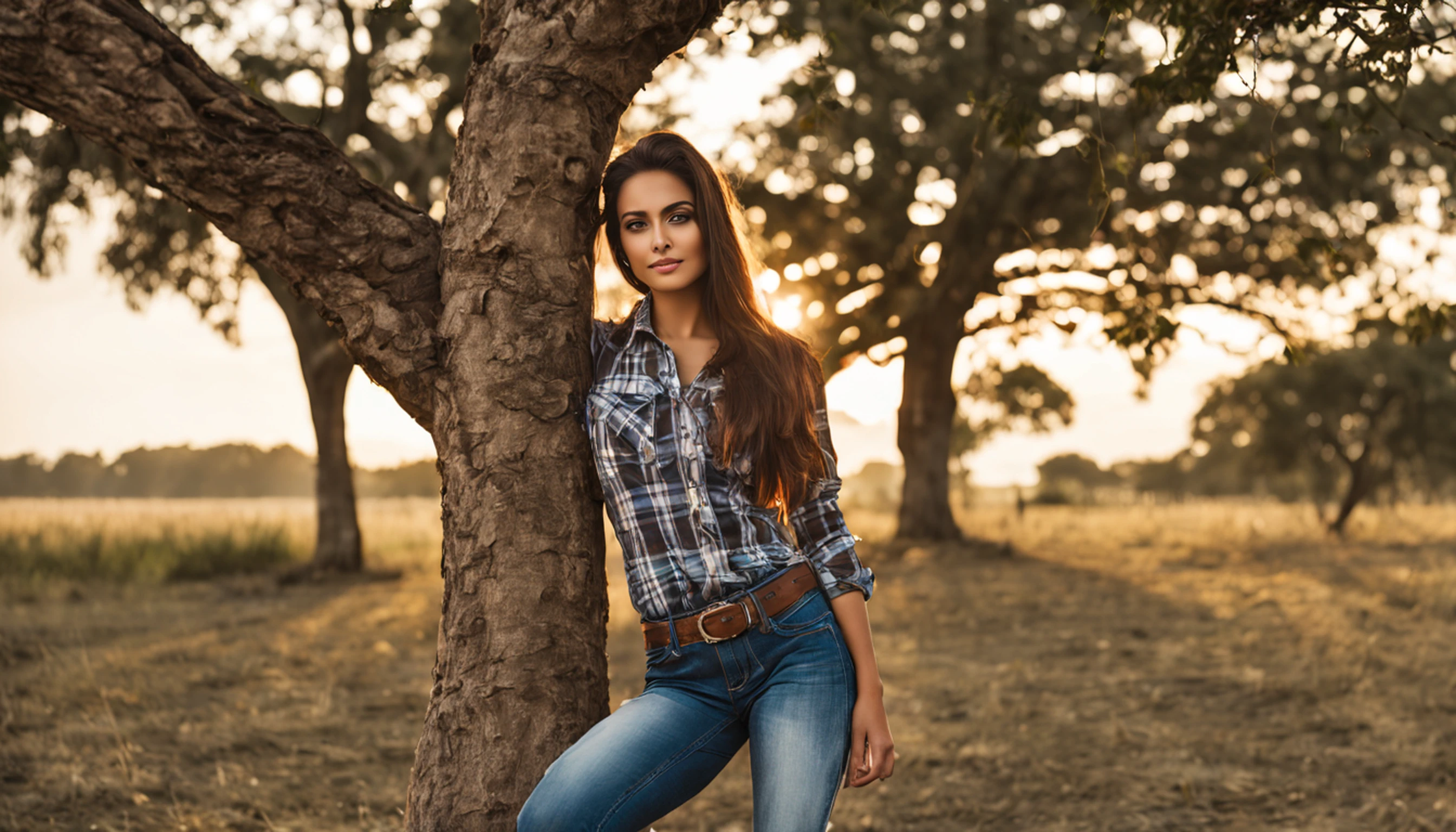 da aldeia, plano de fundo do campo, cabelos castanhos claros, rabo-de-cavalo, Sunset, fundo do animal da fazenda, Tarde, beautiful face, olhos negros, camisa quadriculada estampada, camisa xadrez vermelha e branca,jeans marrom, luvas marrons, pele branca, Resting in a tree, leaning against a tree, rosto atordoado, beleza natural