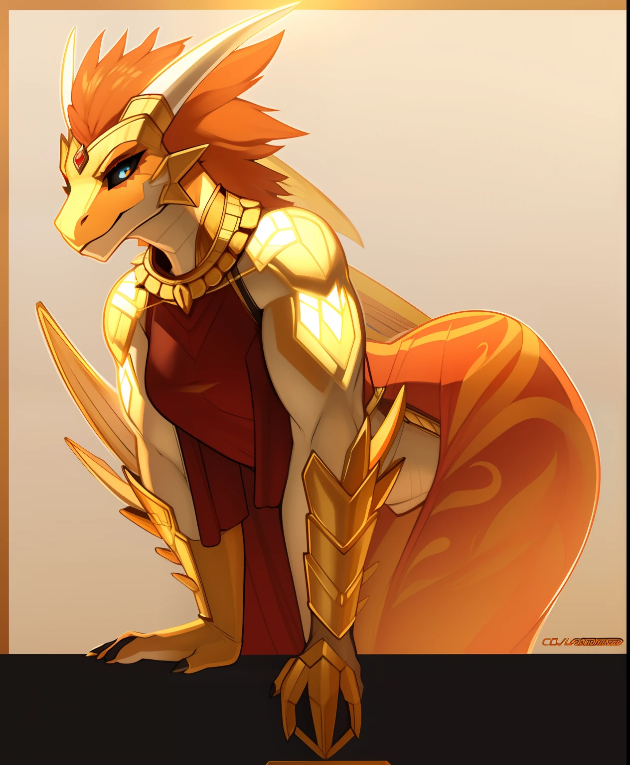 muscular_mature_dragon female flaming_orange_hair gold_scales white_scaled_body orange_iris gold_spikes gold_horns black_sclera slit_pupils solo Masterpiece best_quality absurdres highly_detailed gown_with_gold_trim gold_circlet gold_gorget gold_bracers cleanly_drawn_eyes flaming_wings orange_eyeshadow anthro_only by_claweddrip, by_greasymojo, by_underscore-b, by_runawaystride