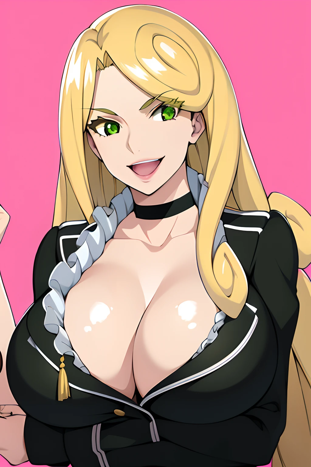 masterpiece, huge tits, circle hair bangs, best quality, sonyablade, 1girl,  lizarunecastle, green eyes, black choker, blonde long hair, cleavage, smile,  simple background