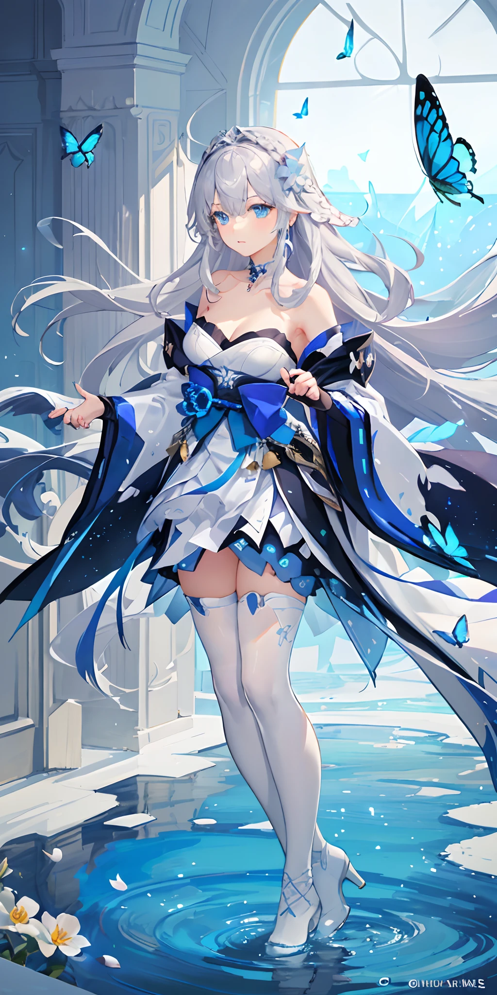 (down view),Dynamic Angle,Ultra-detailed, illustration, Close-up, straight on, 1girll, (fantasy:1.4), (azureblueeyes:1.233),Her eyes shone like dreamy stars,(Glowing eyes:1.233),(Beautiful and detailed eyes:1.1),(Silver hair:1.14),(Messy hair,Very long hair,french braid,hair between eye,side locks), (+(bule hair flower:1.14)),(Chiffon dress,bule flower pattern in uniform)/=(army suit:1.24),(Detached sleeves,Wide sleeves),(Fingerless gloves),choker necklace,(miko thighhighs),high heels boots,(Expressionless,Closed mouth),(standing), (classical Princess boudoir with dressing tableand french windowin a white ancient palaces),(White flowers,full bloom),(abyssal),(Flowing water),(a dull blue world tree:1.14),(废墟),(Night:1.2),Dreamy,soul,(Fluorescence),(flying translucent blue butterflies:1.15), [[Delicate fingers and hands:0.55]::0.85],(Detail fingers),(yubao:0.5),