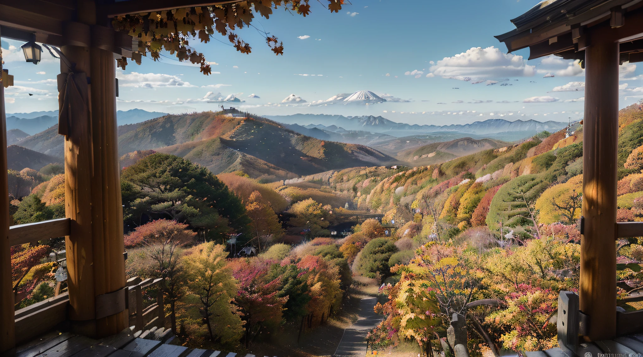 (Masterpiece:1.3), high resolucion, The ultra-detailliert, Extremely detailed CG unity 8k wallpaper, realisitic, Realistis, Raw foto, ((Beautiful autumn foliage from the top of a high hill:1.3)), ((From "Arashiyama" in Japan's "kyoto":1.2)), 韓国アイドル