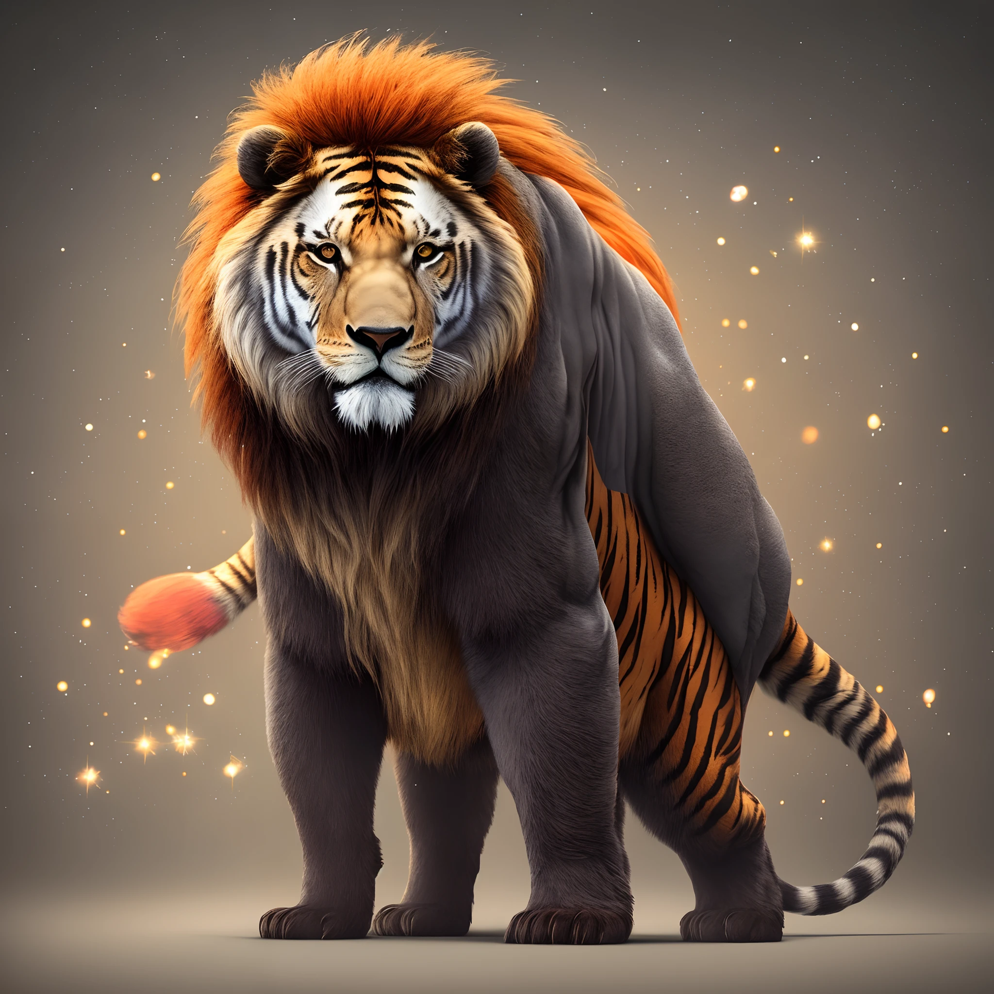 Draw a very beautiful and colorful background with sparkles and pastel and colorful tones, Realistic and with the animals lion with big mane and orange pulled to red standing with arms crossed, a huge tiger with a huge tail is also orange in color until. O degrade branco e as listrar pretas, I also want a bear standing with its arms outstretched gray and on its belly white and I also want a rabbit on the bear's side and on the bear's side I want a small, green tree