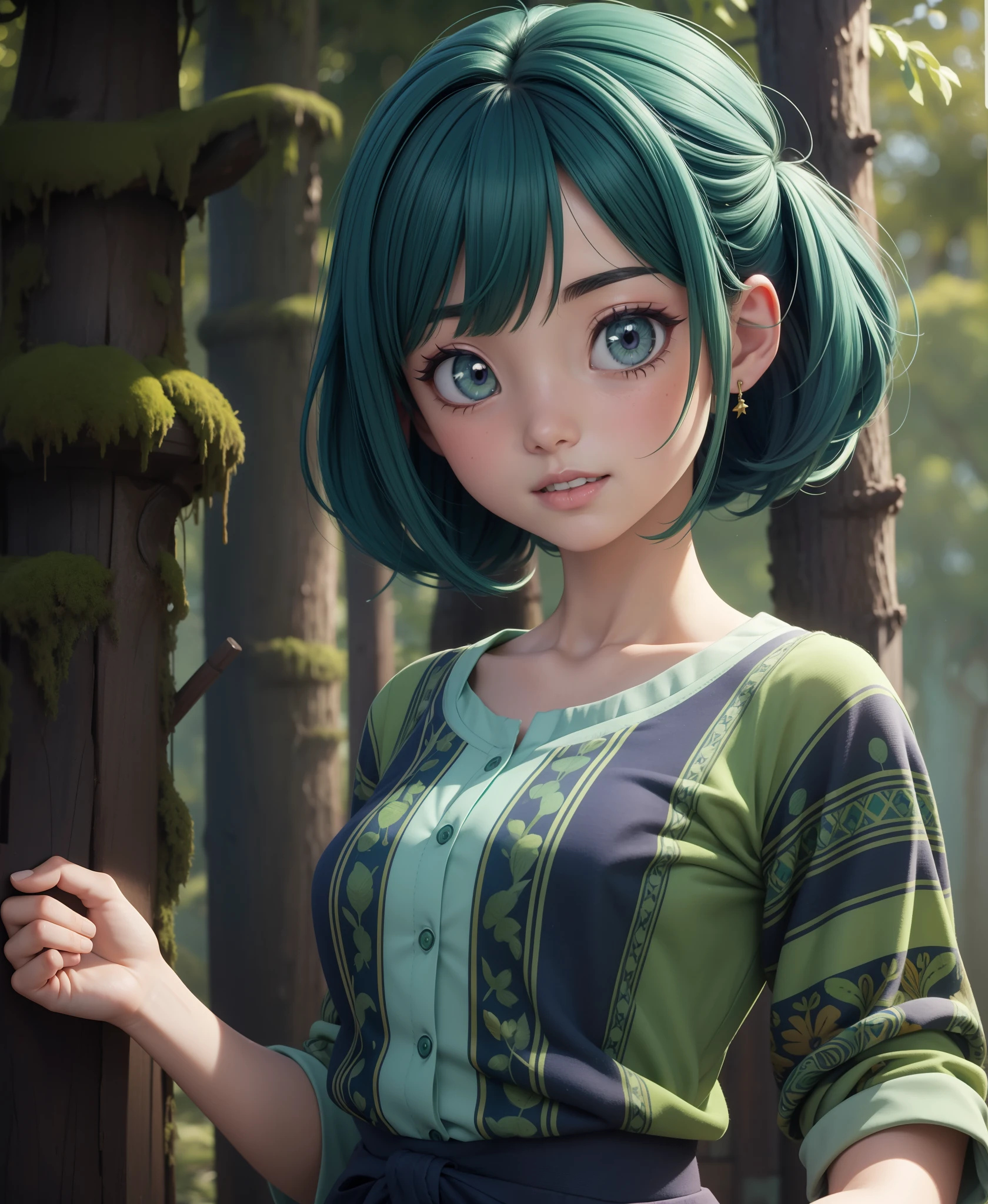 best colors, vibrant, anime screencap, 1girl, glowing expression, excited, indigo and Moss green, pattern background, textured clothing, hairstyle, stylish, precedence