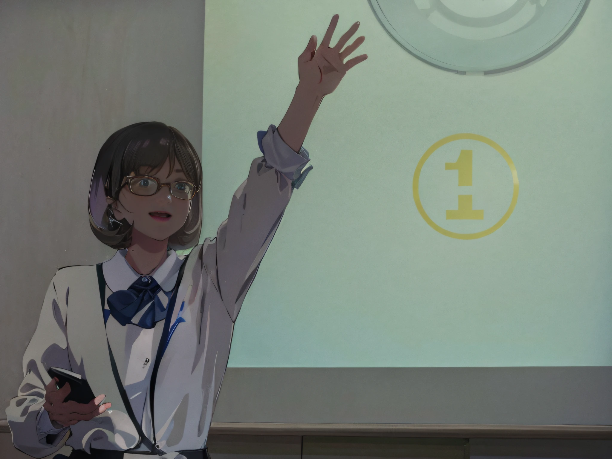 It depicts an illustration of a schoolgirl standing in front of a projector screen giving a presentation, High school students, giving a speech, Illustrated Films, Illustration Scene, Pupils, sano, White uniform, Wear a ribbon,２dimension , High school students, Japan Classroom,Wearing glasses,a smile,Laughing