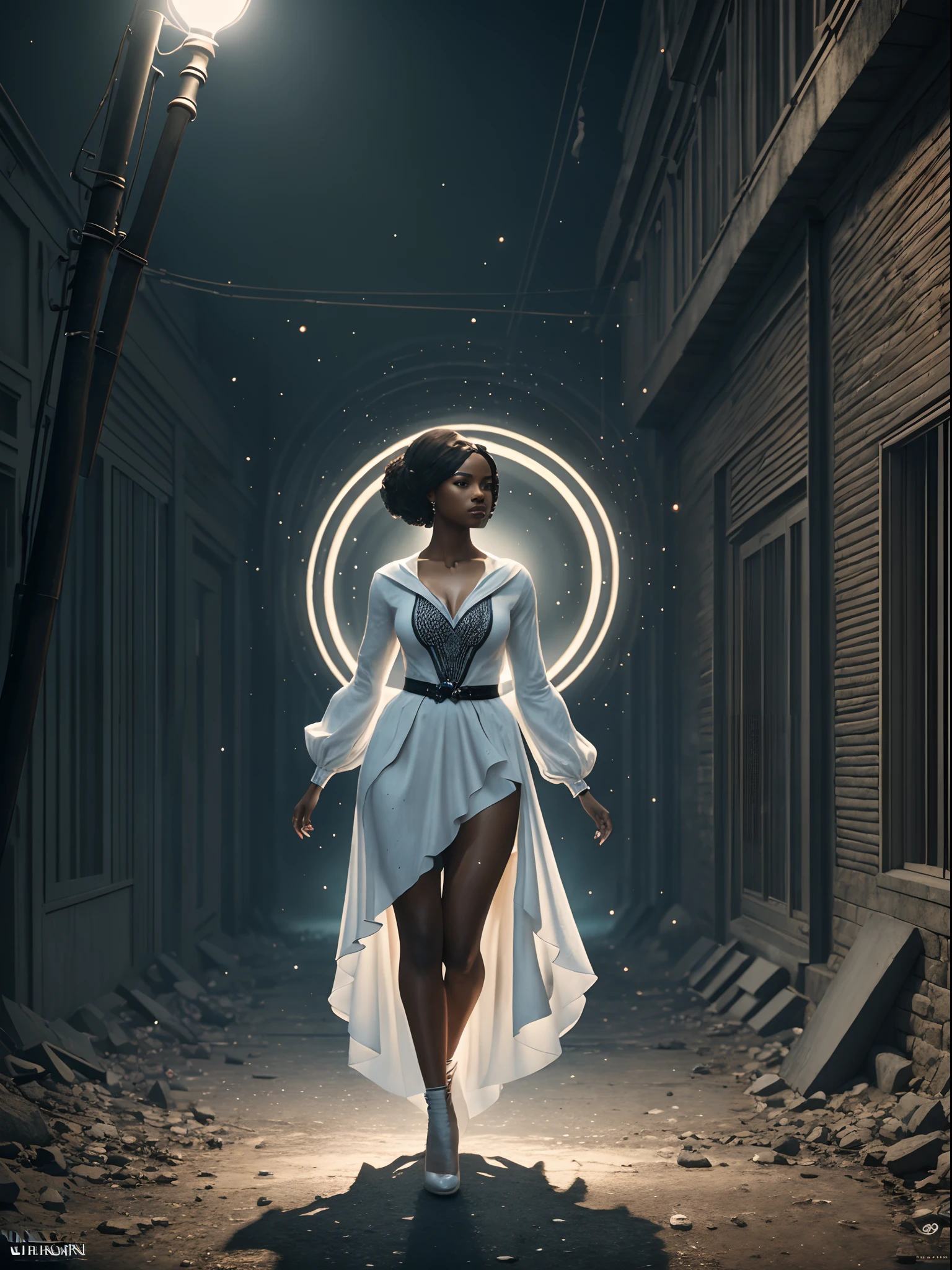 Black woman dressed in african designed clothes, white spotlight shining on her, walks on a very dark path in an empty grey place, dreamlike imagery, in between human shadows, human shadows trying to grab her but fail to reach her, surrealism art, fantasy art, arthouse art, creative art, red and white layers of colour in the background, surrealism, cinematic lighting, artgerm style, 32k, ultra HD, unreal engine rendered, hyper-realistic image, --auto --s2