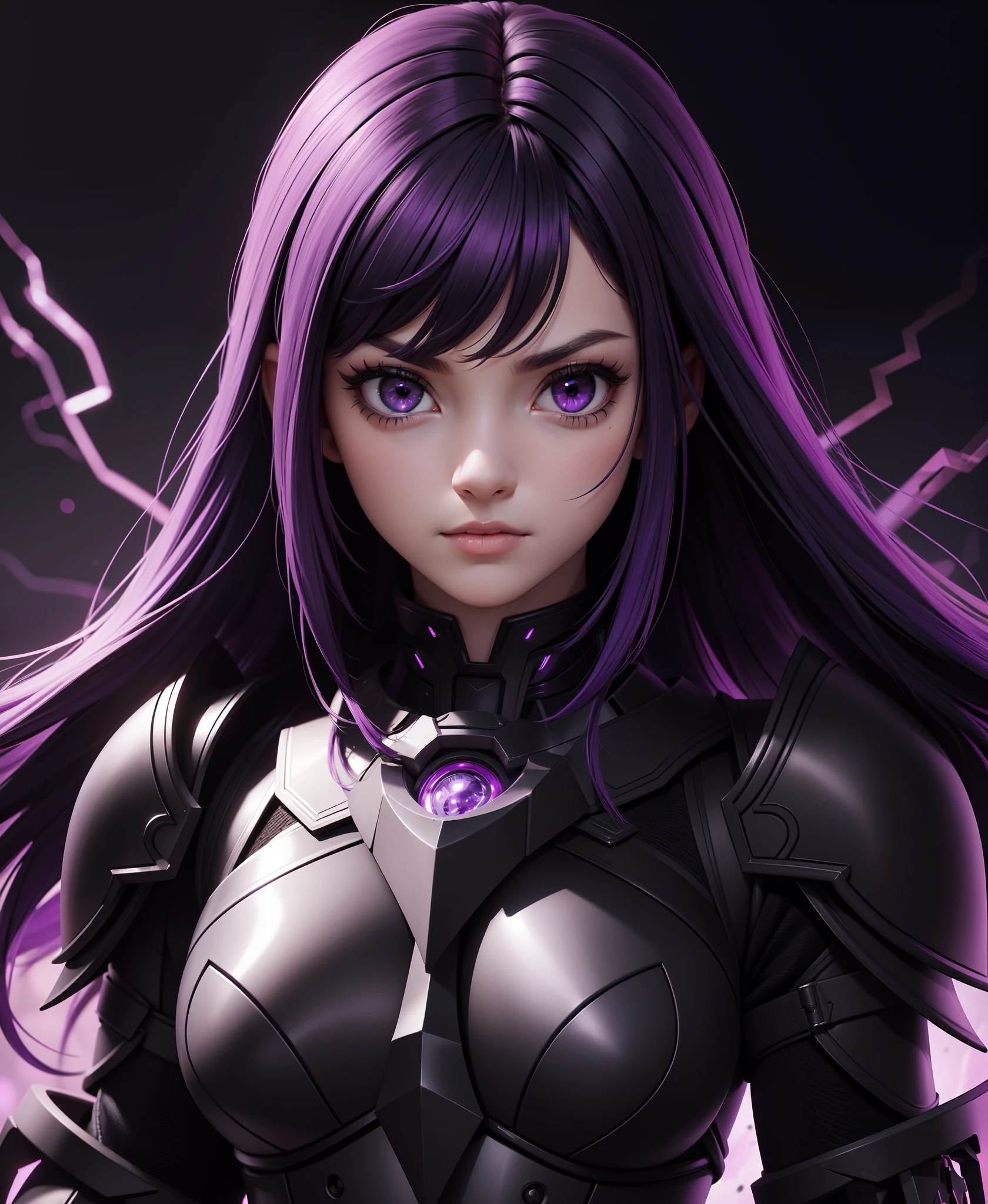 (masterpiece:1.1), (highest quality:1.1), (HDR:1.0), (1girl), purple hair, (armor, metal, powerful, abstract:1.2), (black theme:1.5), detailed eyes, ready eyes, looking at viewer, electric eyes