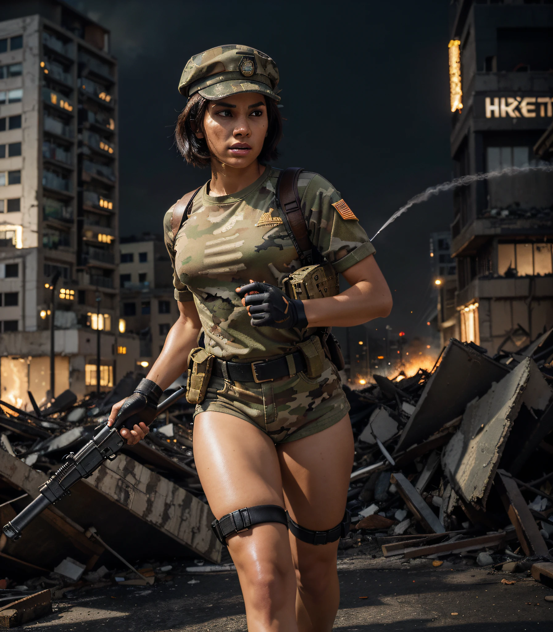 Cyberpunk chubby girl, fully body, standing, red armor, running into battle in destroyed city
