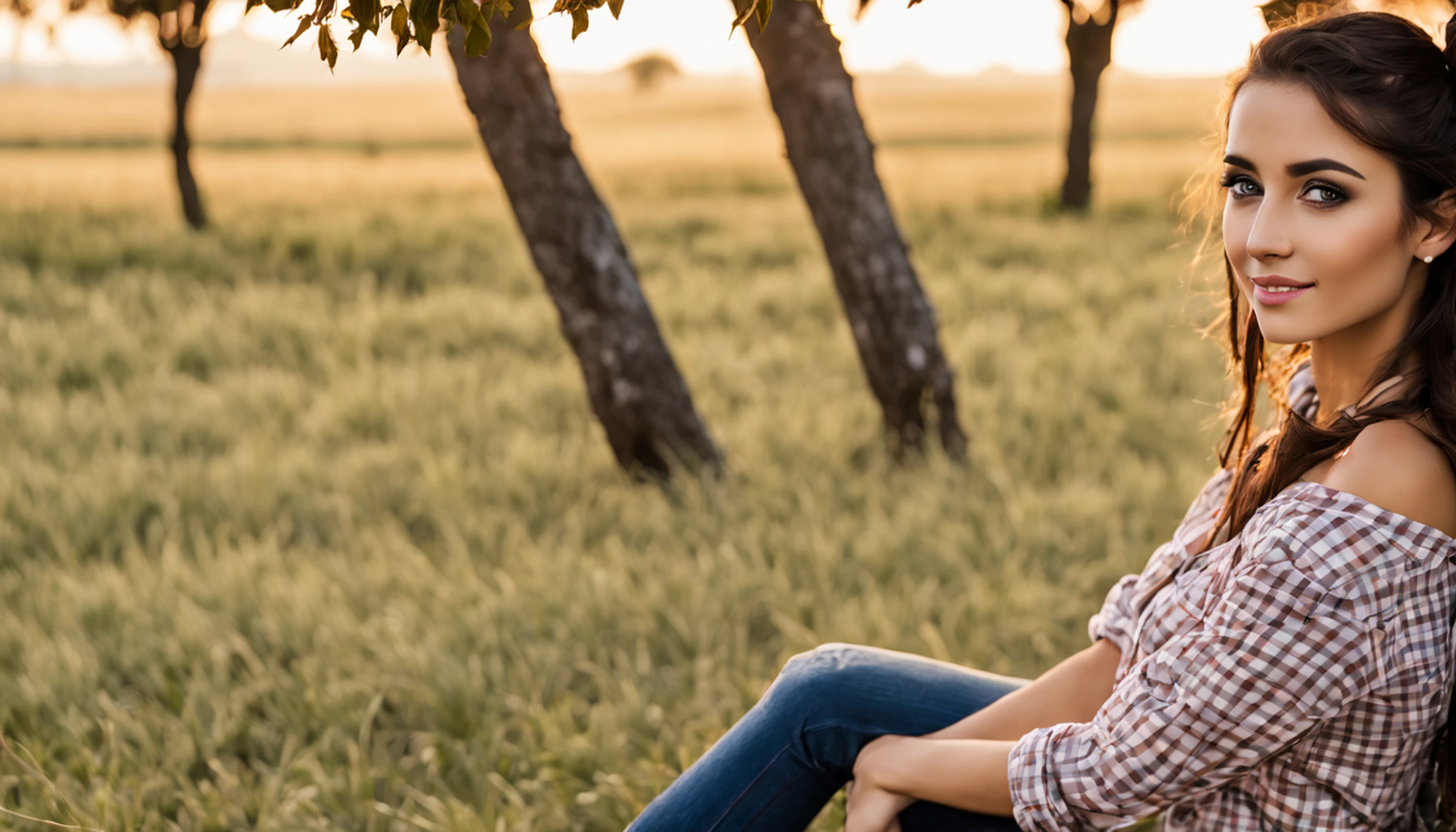 menina da aldeia, plano de fundo do campo, cabelos castanhos claros, rabo-de-cavalo, Sunset, fundo do animal da fazenda, Tarde, beautiful face, olhos negros, camisa quadriculada estampada, camisa xadrez vermelha e branca,jeans marrom, luvas marrons, pele branca, Resting in a tree, leaning against a tree, rosto atordoado, beleza natural