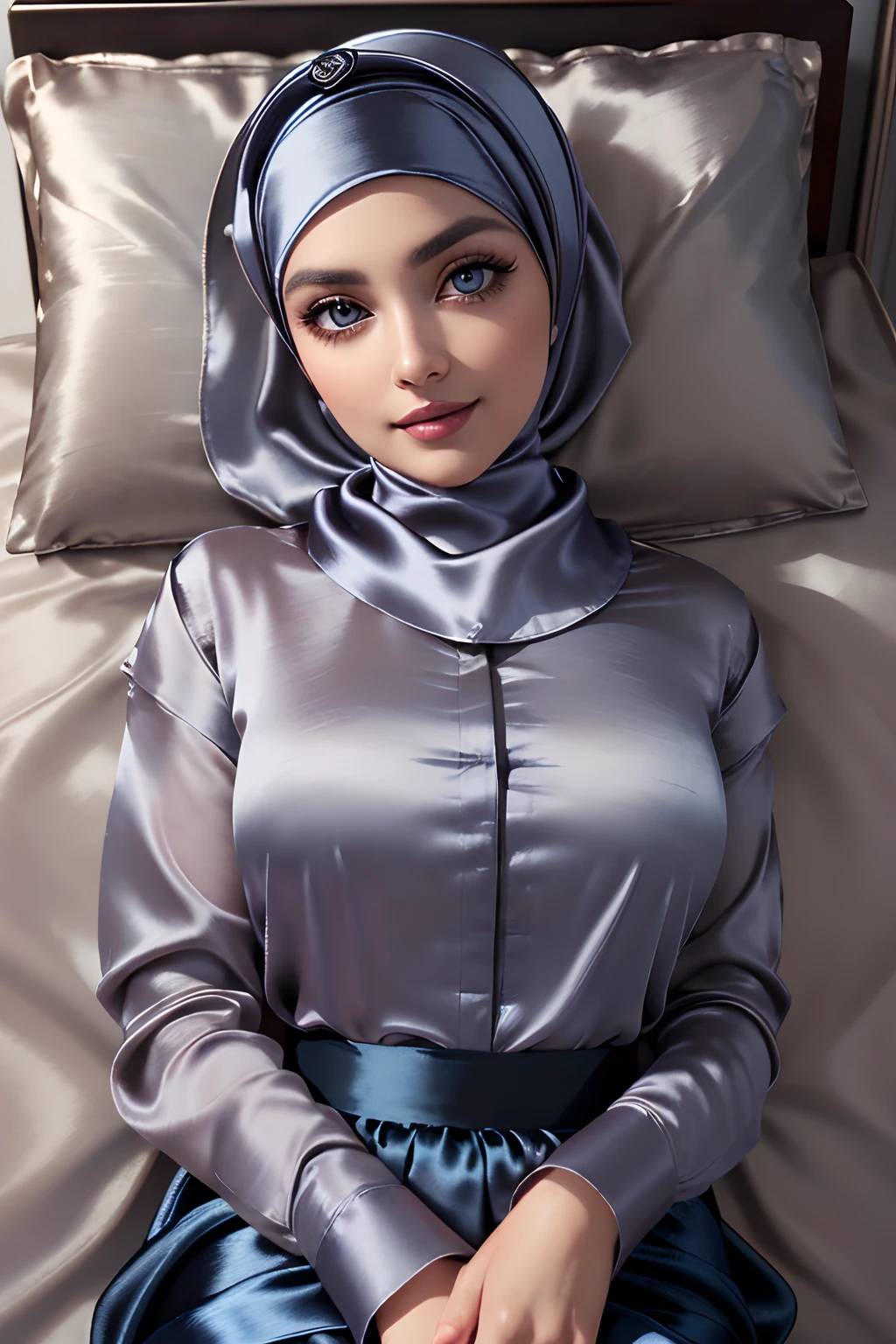 (Masterpiece, realistic, best quality, best lighting, 1 girl photo solo, beautifully makeup, eyeshadow, Parted Lips, Detailed Eyes, beautiful big eyes, long eye lashes, smile, wearing ((Dark blue satin headscarf)), loosely tide hijab style, ((Taupe satin shirt)), satin long skirt, sleeping on a bed