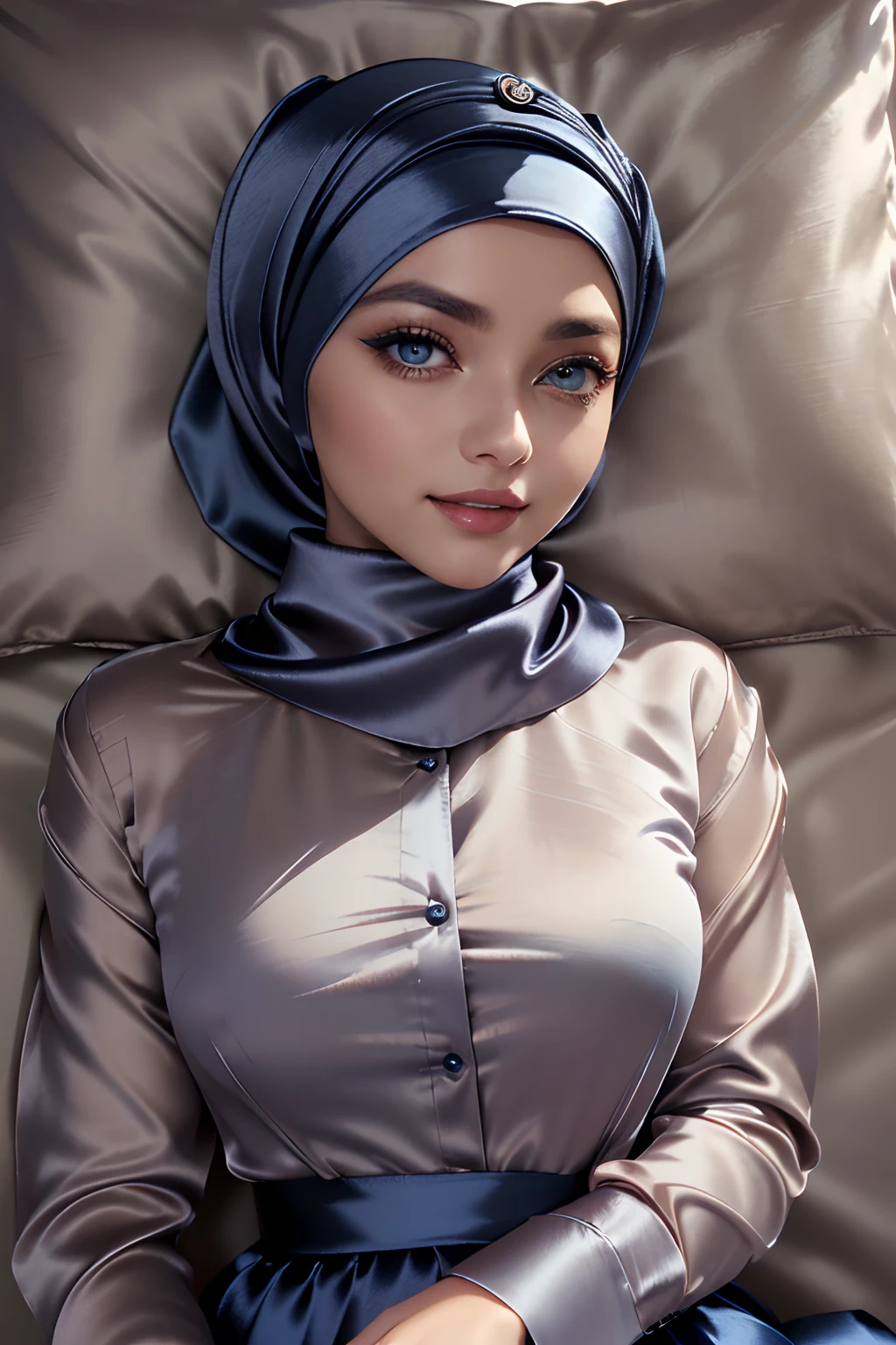 (Masterpiece, realistic, best quality, best lighting, 1 girl photo solo, beautifully makeup, eyeshadow, Parted Lips, Detailed Eyes, beautiful big eyes, long eye lashes, smile, wearing ((Aqua satin headscarf)), loosely tide hijab style, ((Taupe satin shirt)), satin long skirt, sleeping on a bed