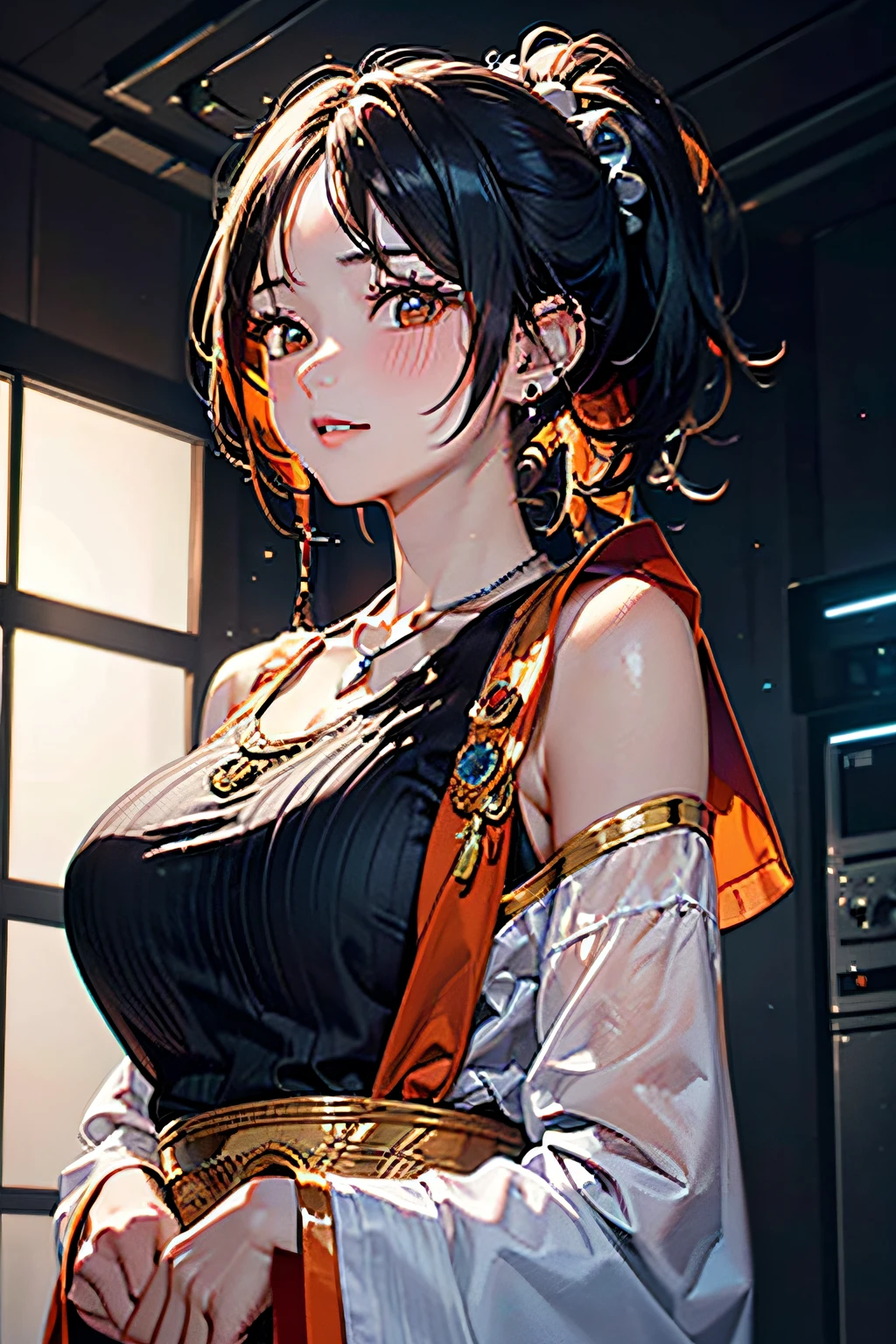 one girls,hair pin,a necklace,piercings,from below looking up,pointed red mouth,Blushing cheeks,He looks at the viewer with embarrassment,large full breasts,(Short hair with shiny silver and orange stripes,Ponytail decorated with elaborate braids and beads,Show your forehead with your hair back,),(Professional Lighting),(8K,masutepiece,top-quality,Ultra-high resolution output image,),(intricate detailes,),(Image Mode to Ultra HD),depth of fields,Beautiful hands,Beautiful fingers,Detailed finger features,Detailed hair features,detailed facial features,detailed clothes features,