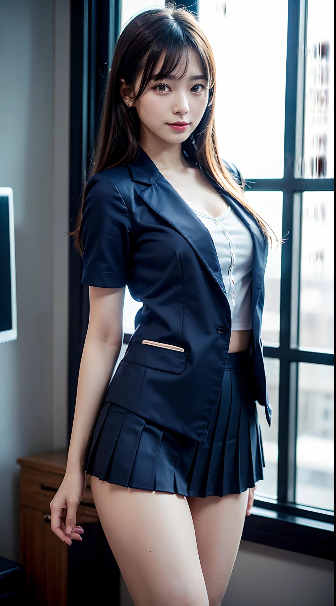 (table top)、((on the bar stage))、delicate girl、((Gorgeous Uniformoisturizing lips:1.2)、outstanding style、(((She appeals to viewers with her sexy body.)))、(seductive pose:1.5)、(spread legs:1.2)、(medium breasts)、(cleavage)、(Brighten the contrast of shadows)、(Professional cinematic lighting)、(face lighting)、(nffsw++:1.10)、(ultra high resolution)、(highest quality)、(Improvement of quality)、(super detailed)、(accurate color)、(Photoreal)、(tight-fitting uniform)、(beautiful body line:1.2)、(small hands:1.5)