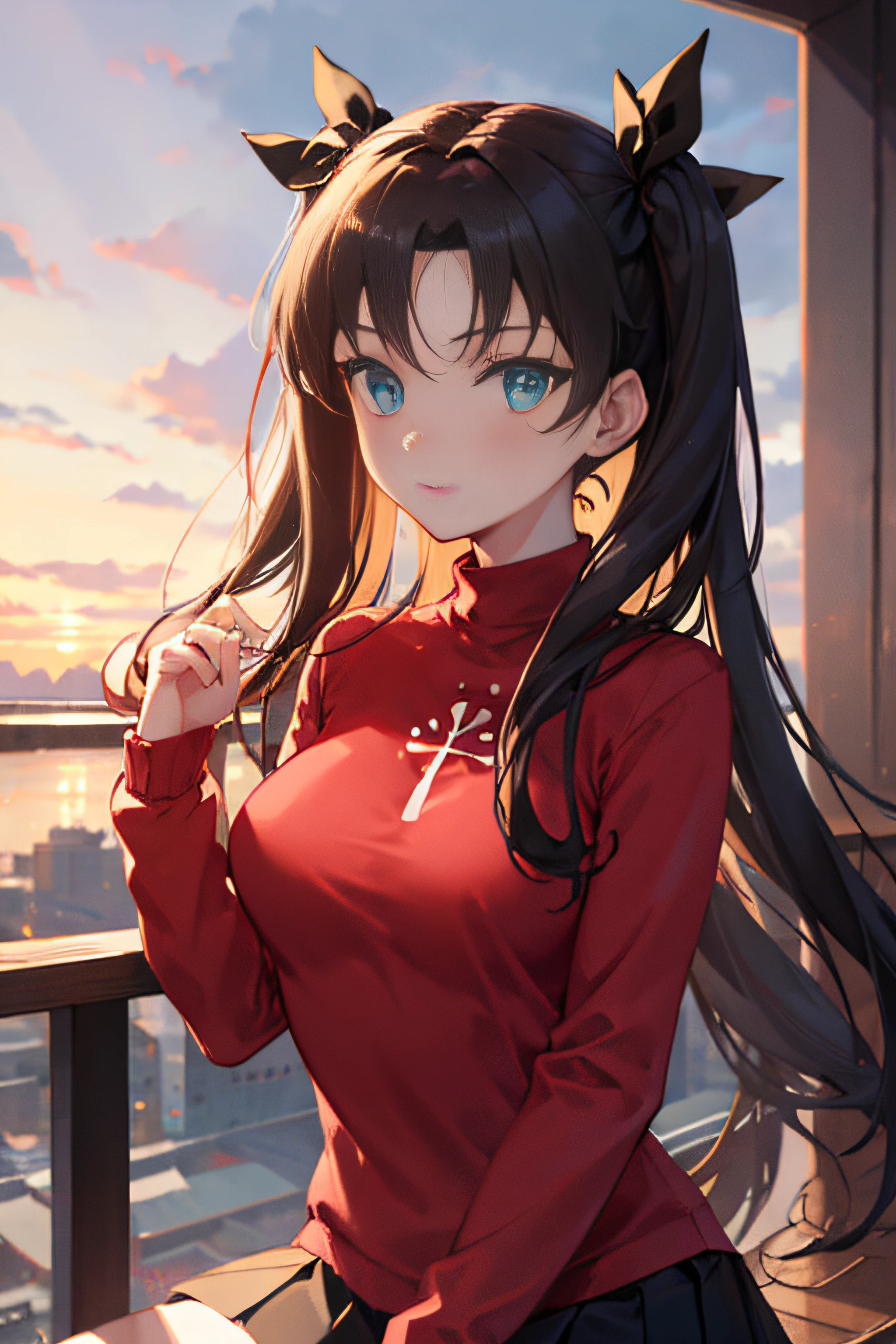 (masterpiece), best quality, expressive eyes, perfect face, 1girl, solo, rintohsaka, rin tohsaka, aqua eyes, black hair, hair ribbon, long hair, ribbon, sidelocks, two side up, black skirt, black thighhighs, long sleeves, miniskirt, pleated skirt, ((red sweater)), skirt, sweater, thighhighs, turtleneck, city background, sitting, character sheet, upper body, portrait, looking at viewer