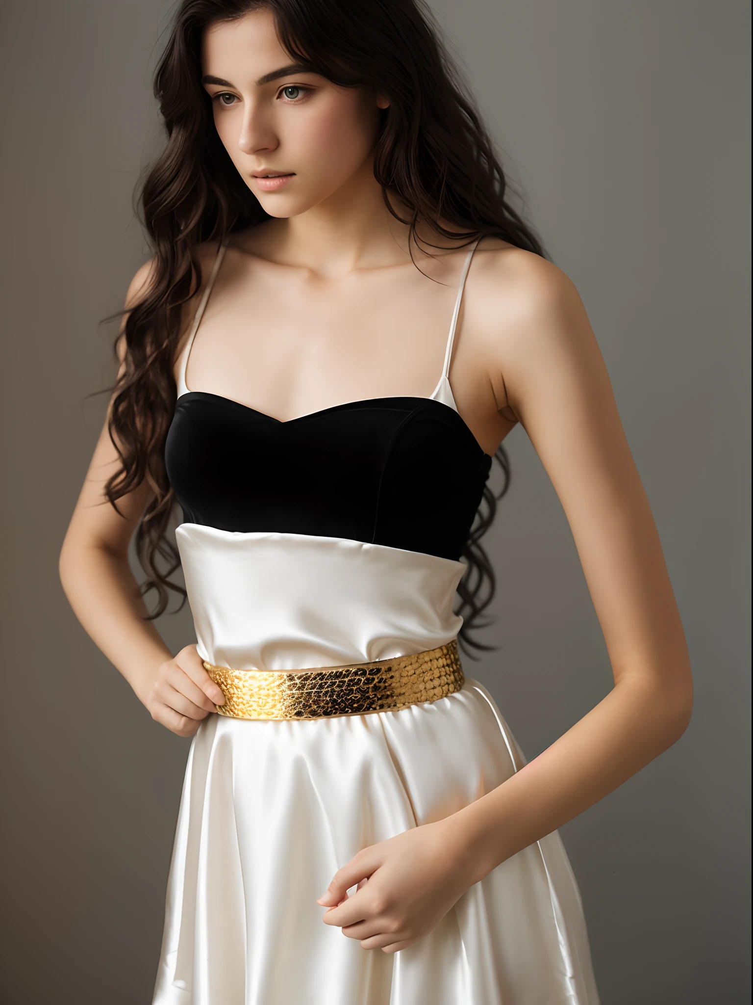 A seventeen year old boy with long and curly hair that reaches his hip. His hair has silvery blonde and black streaks. His eyes are a dark gray and skin pale as snow. He wears a white silk dress that shows his waist with a gold belt. He wears lught yellow ballet flats. He wears one gold bangle on each wrist and ankle. He had black atreaks in his hair.