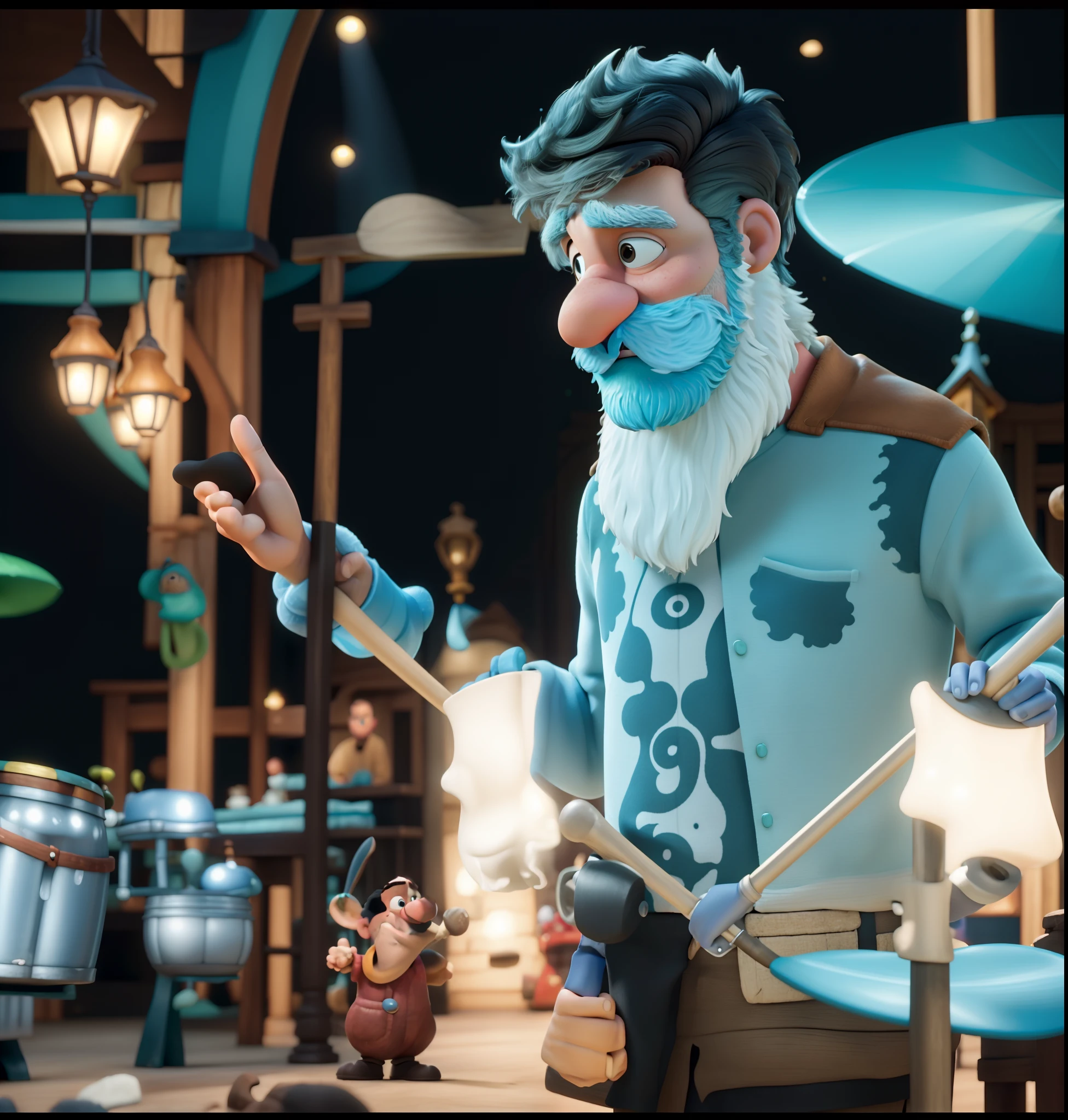 Obra-prima, melhor qualidade, estilo Disney Pixar, homem, moreno, com barba, tocando bateria, igreja, feliz