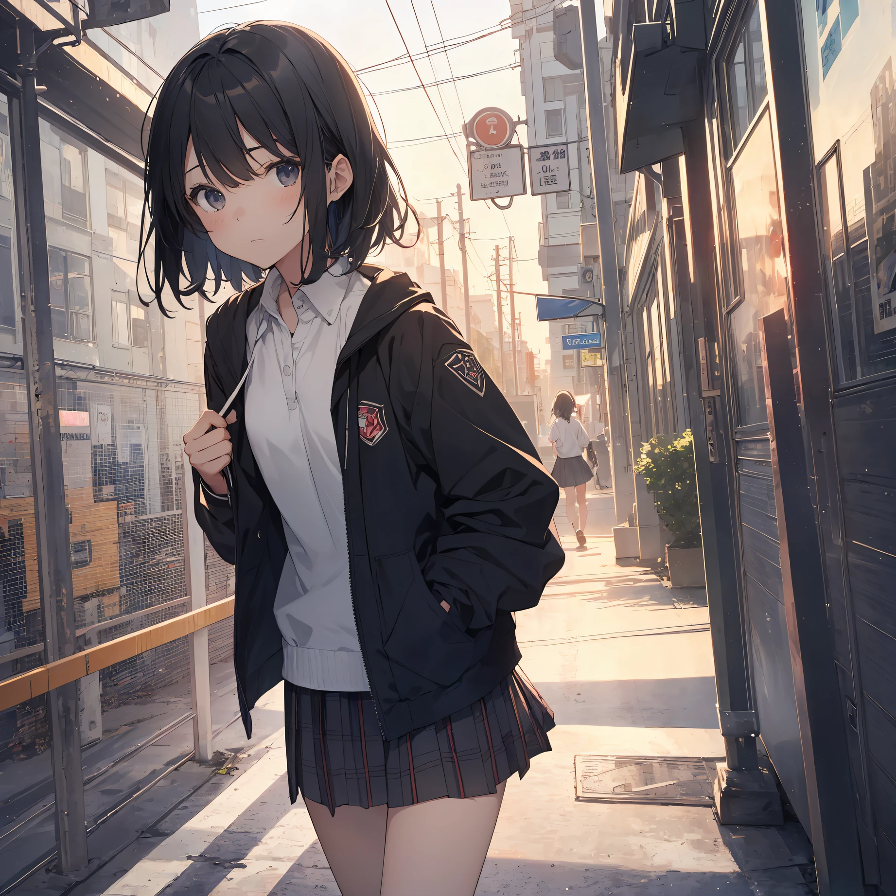 Portrait, Documentary, Photo, A girl is -yeld ger-neutral middle scrt black hair and small chest, walking on the school commute route with a tired expression, Short hair, School uniform, skirt, School commute route, High quality, Realistic, Eye-level shot, Medium shot, Front view, Natural lighting, School commute,break,1girl, (Solo,Loli face,13-year-old:1.5),a junior highchotudenandrogynous flat chest, Small butt, Beautiful detailed black eyes, disgusted eye,break,((top quality,anime style, ultra-detailed,high resolution,extremely detailed CG,unity 8k wallpaper,by famous artist,perfect anatomy,super detailed skin,cinematic lighting)),