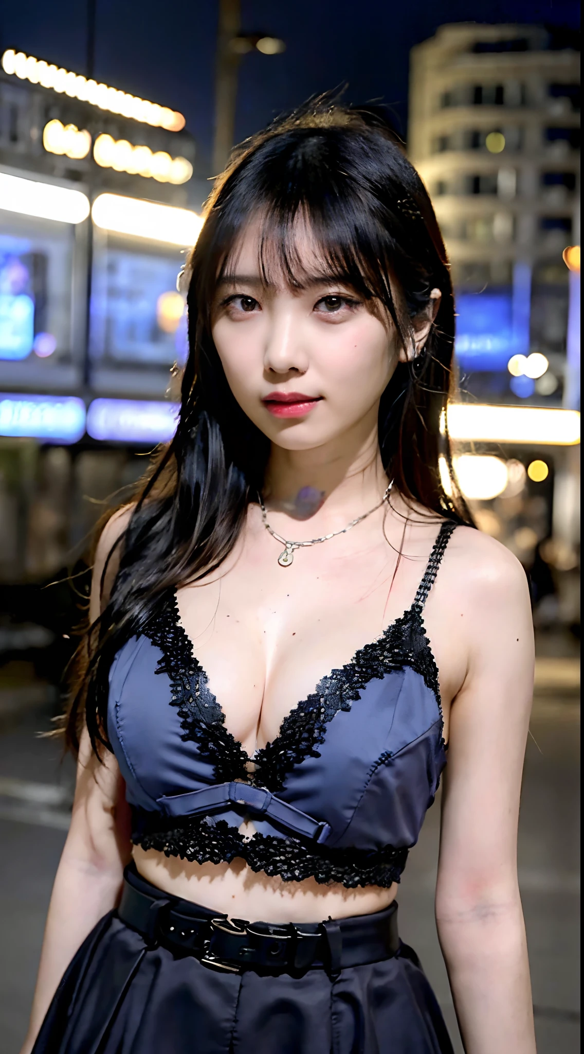 1 Girl, Beautiful, Baby Face, 20 Years Old, White Skin, Saggy Colossal Breasts, Sexy Pose, Wearing Black Strapper Lingerie, Black Strapper Lingerie Outfit, Blue Eye, Muscles, Bokeh, ((night:1.3)), ((dark:1.3)), Street Crowd Background, Masterpiece, Dizzy, Foggy, ((Silver Hair)), ((Twintails))