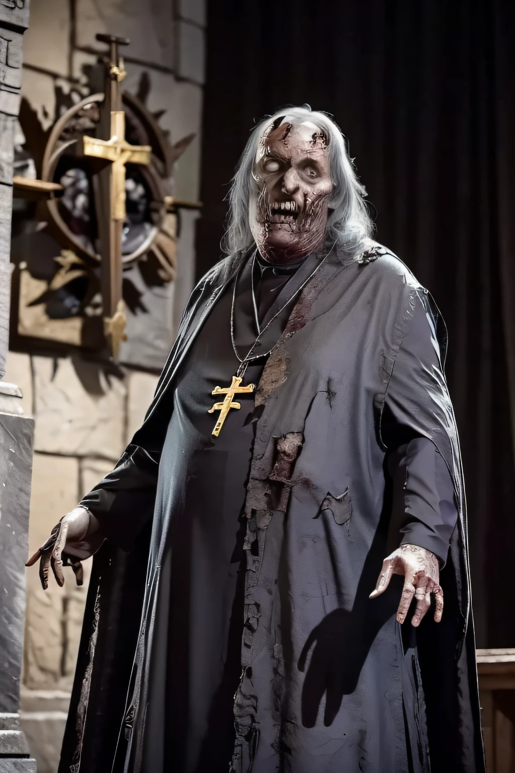 (Zombie medieval catholic archbishop), de branco e vermelhor, Archbishop's hat with cadaverous hands trying to grasp.