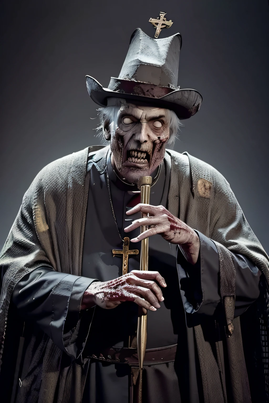 (Zombie medieval catholic archbishop), de branco e vermelhor, Archbishop's hat with cadaverous hands trying to grasp.