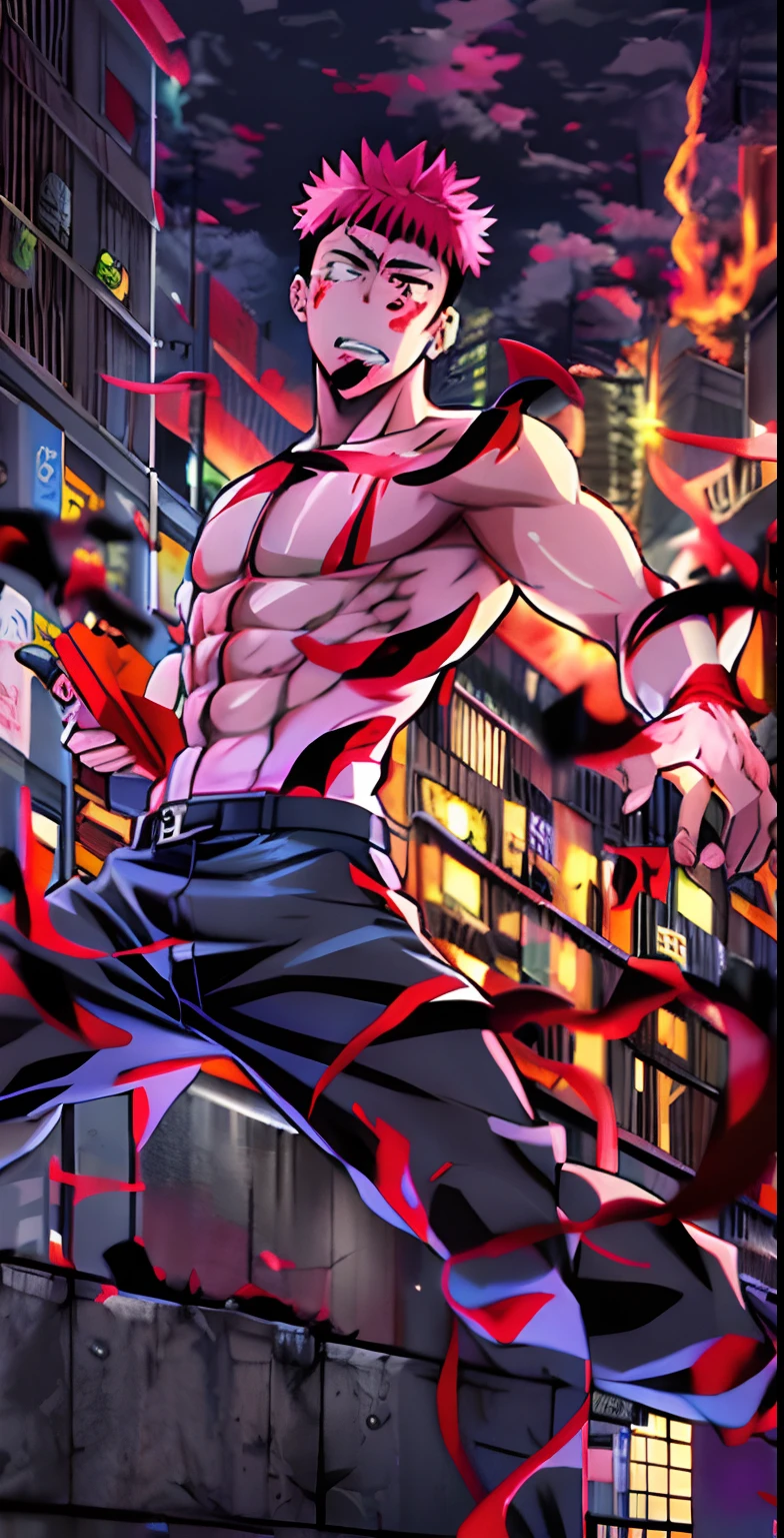 itadori_yuuji, Personaje de anime con cabello rojo y un cuerpo musculoso parado en una pared, Badass Anime 8K, epic anime style, Personaje del juego de lucha, Estilo baki, Trigger anime artstyle, Arte oficial de alto detalle, Estilo anime hiper detallado, striking manga artstyle, Ilustraciones oficiales, Ilustraciones oficiales HDR, Estilo anime 4K, destellos rojos con negros, lineas negras en los destellos rojos, edificios en llamas, exprecion de enojo, ojos detallados, boca detallada, evening lighting, oscuridad, Night setting, obra maestra, heridas en el cuerpo, destellos negros con rojo, enegia rojo con negro, sangre negra,